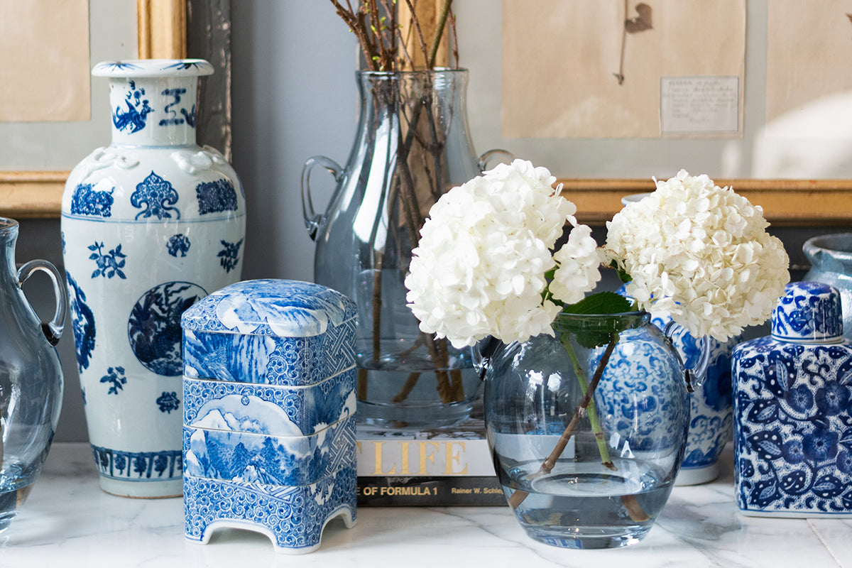 Glass Amphora Flower Vase, Denim Blue