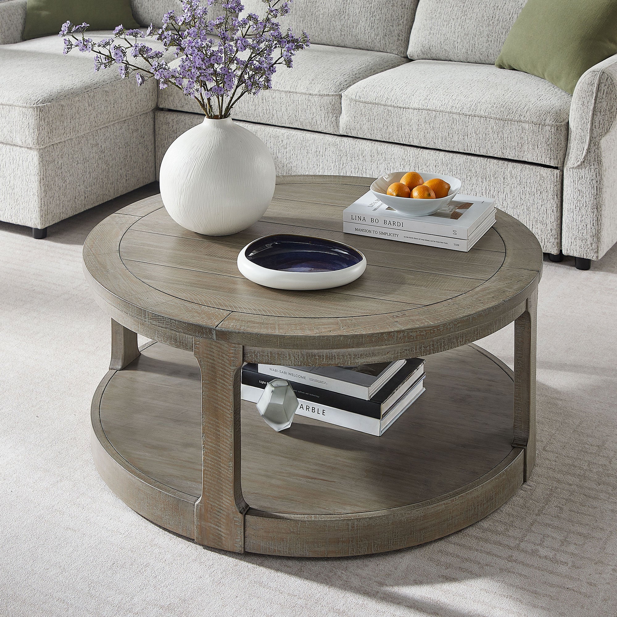 40inch Large Curved 2 Tier Traditional Round Circle Wooden Center Coffee Table,Rounded Table with Wheels,Mid Century Rustic Style Table for living Room,Office,Apartment,Light Brown