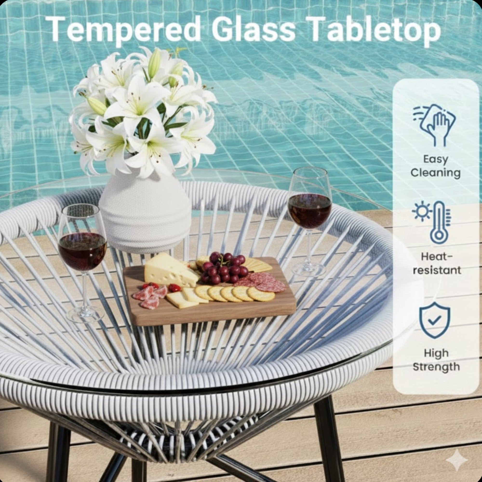 Acapulco-Style 3-Piece Patio Bistro Set with Gray PE Rattan Chairs & Tempered Glass Table