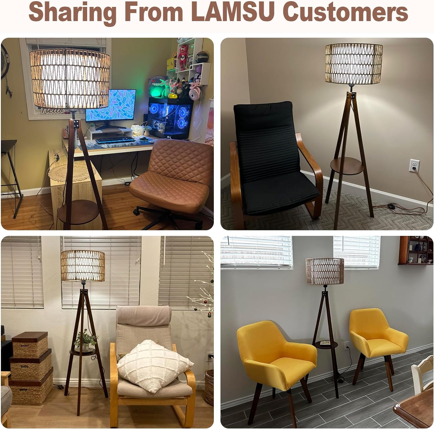 Tripod Floor Lamp with Shelf and Rattan Shades