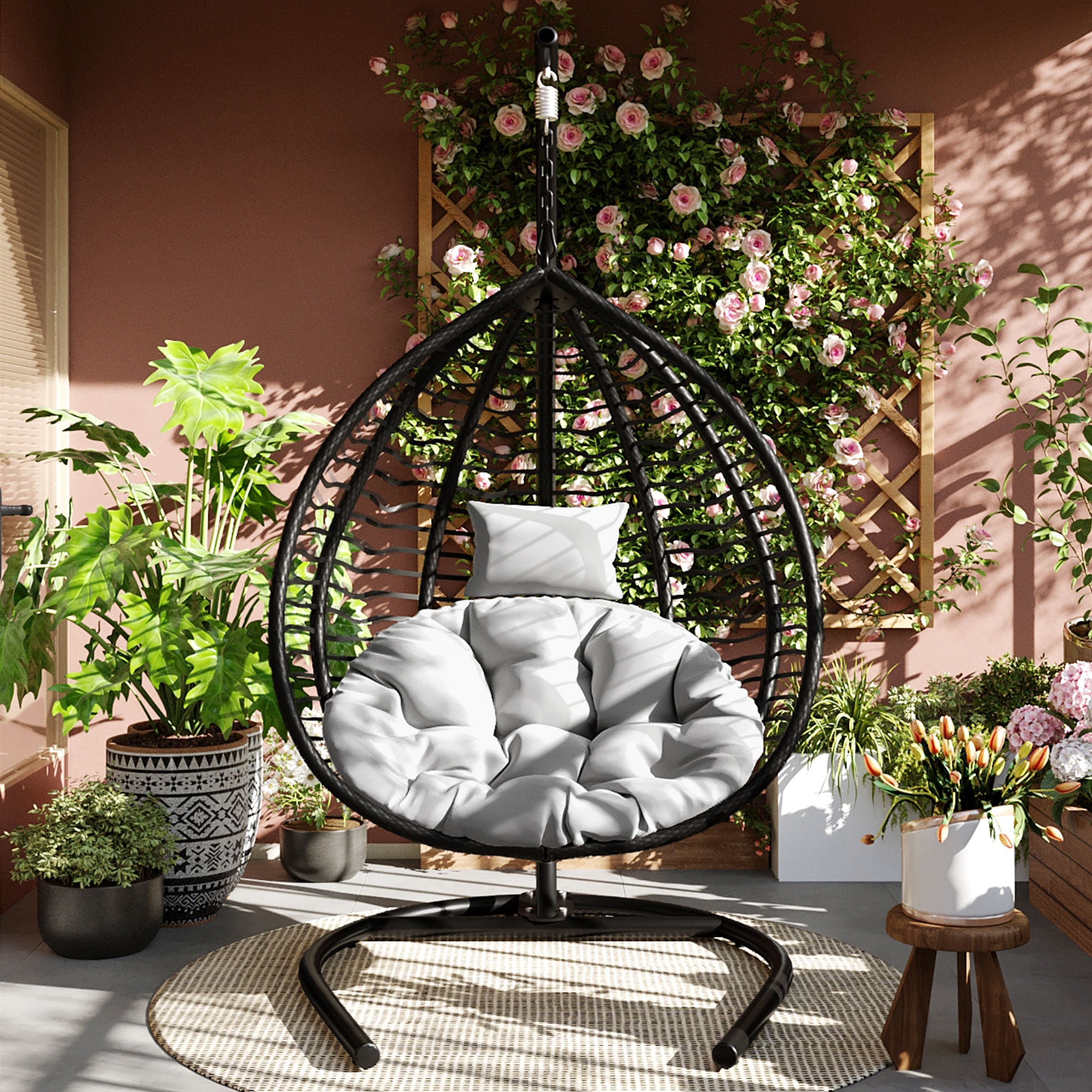 Foldable Rattan Egg Swing Chair with Iron Frame, Plush Cushion & Removable Headrest