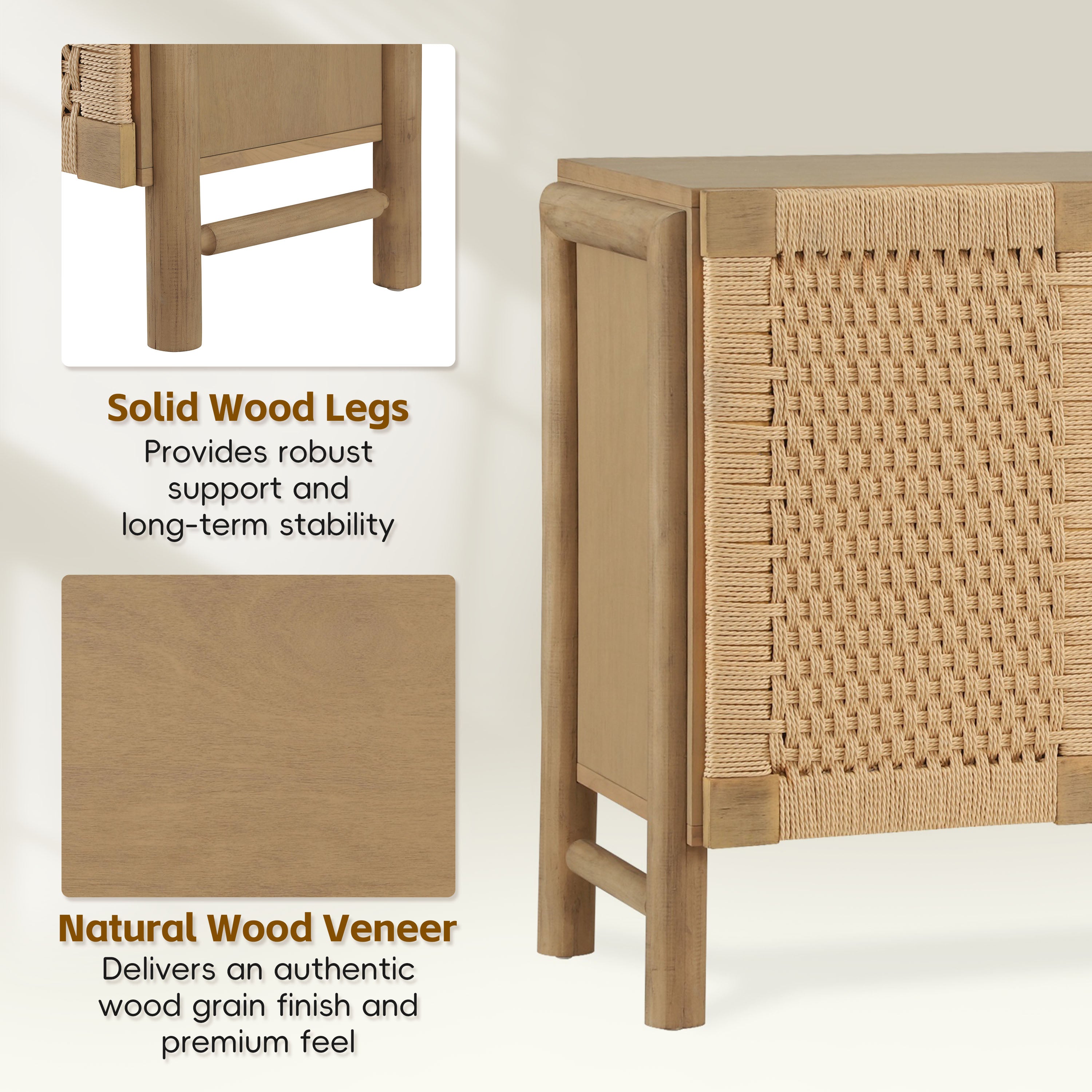 Natural Farmhouse Cabinet with Handwoven Paper Rope Doors, Solid Wood Legs and Natural Finish, for Hallway, Entryway or Living Room