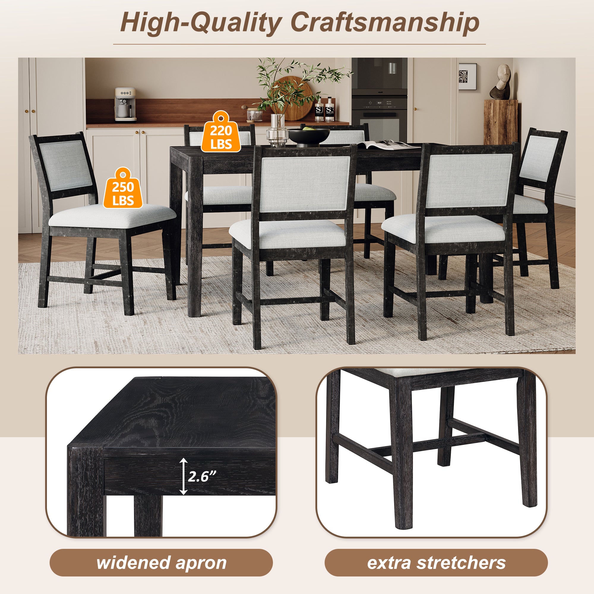 7-Piece Retro Dining Table Set with 6 Upholstered Chairs