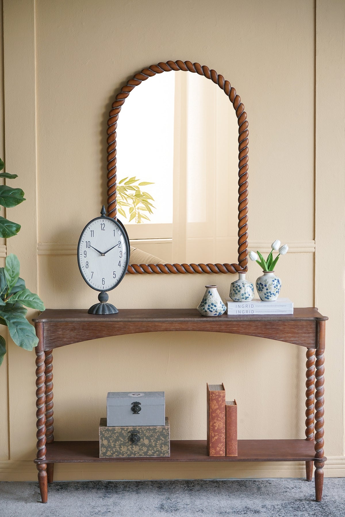 Rustic Brown Wood Console Table with Turned Spiral Legs