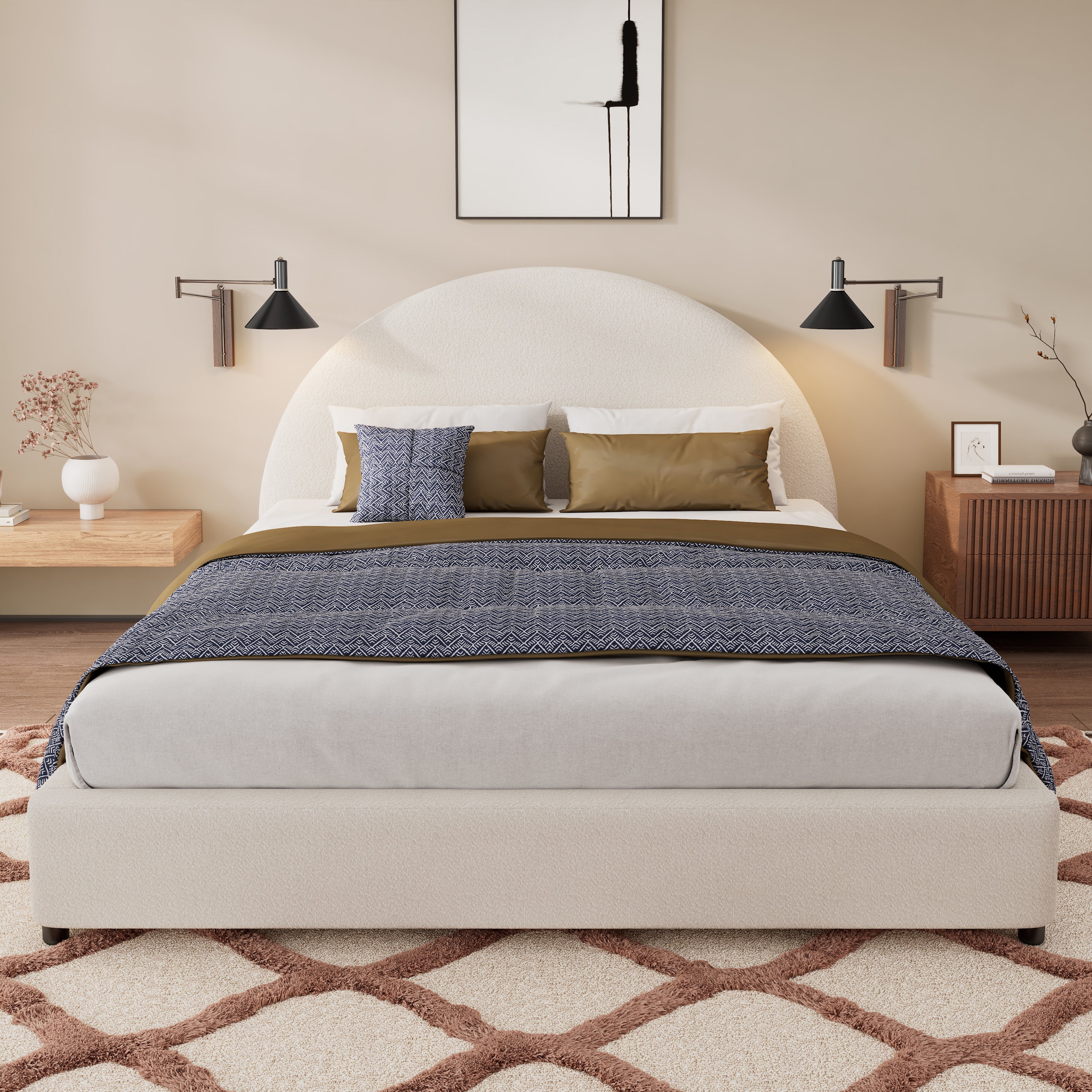 Bed Frame With Boucle Upholstered Round Curved Headboard