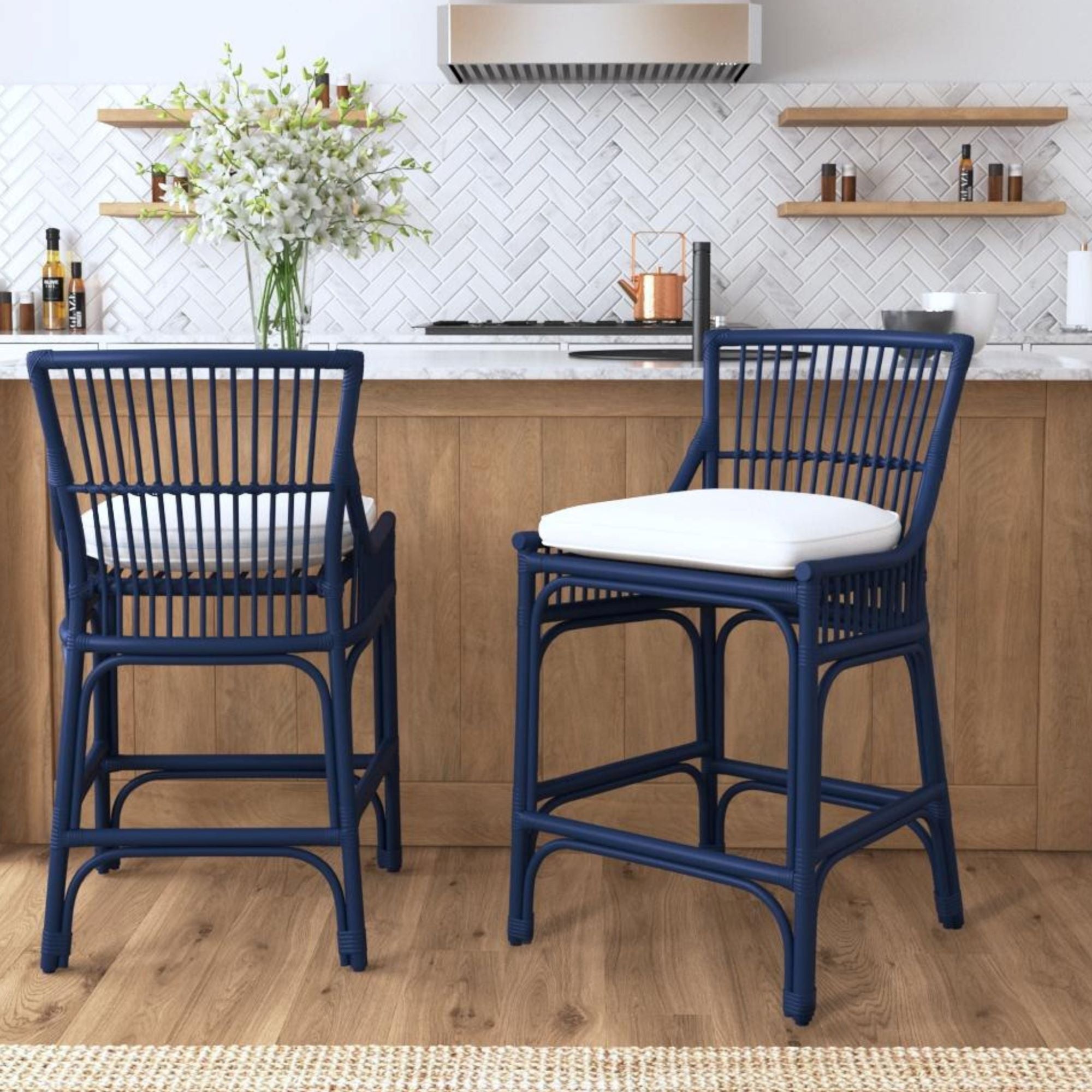 Rattan Slat Back Counter Stool Blue