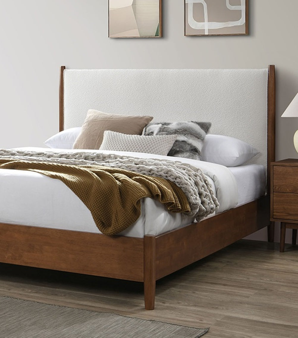 Walnut Color Panel Headboard Beige Upholstered Bed