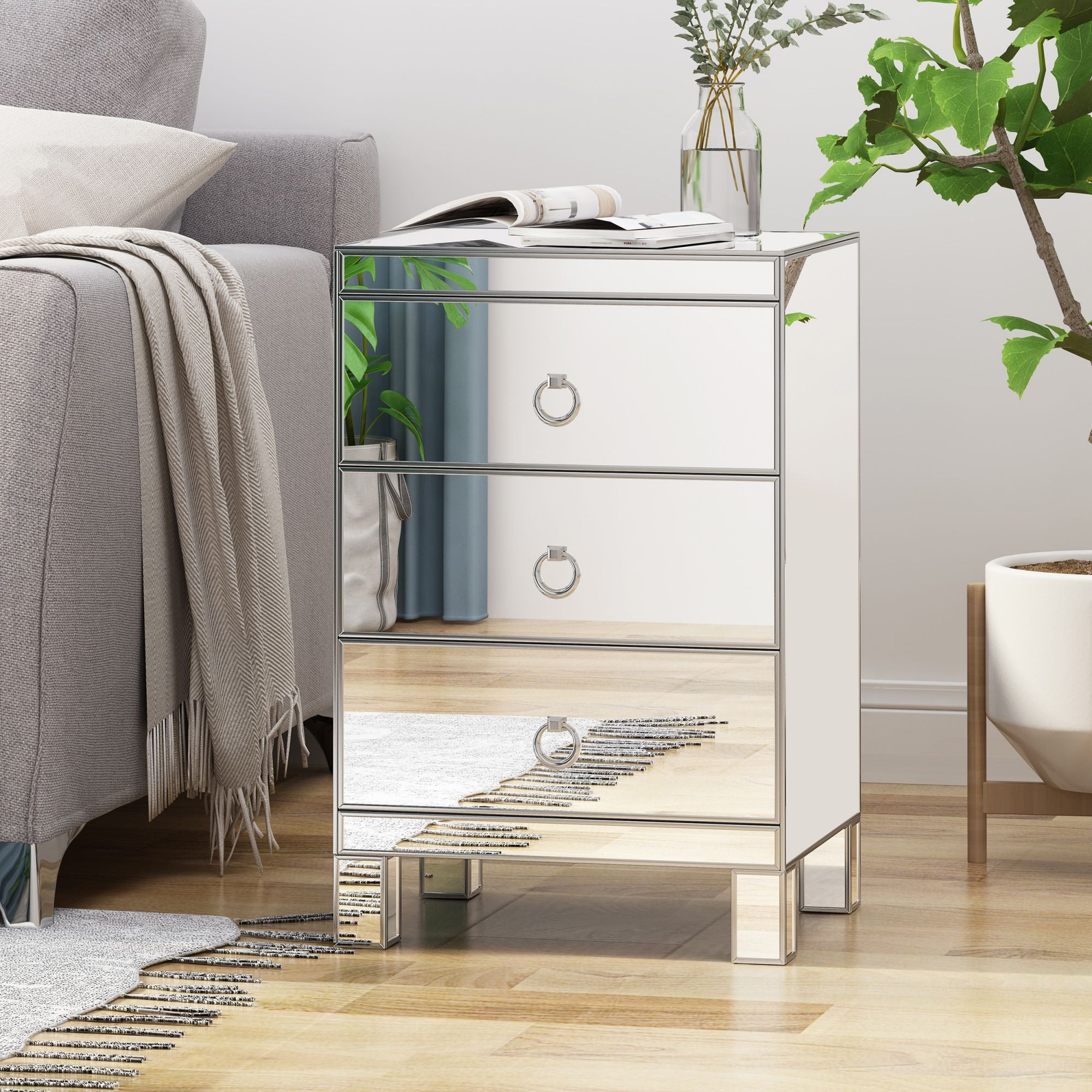 Side Table with 3 Drawers and Mirrored Design