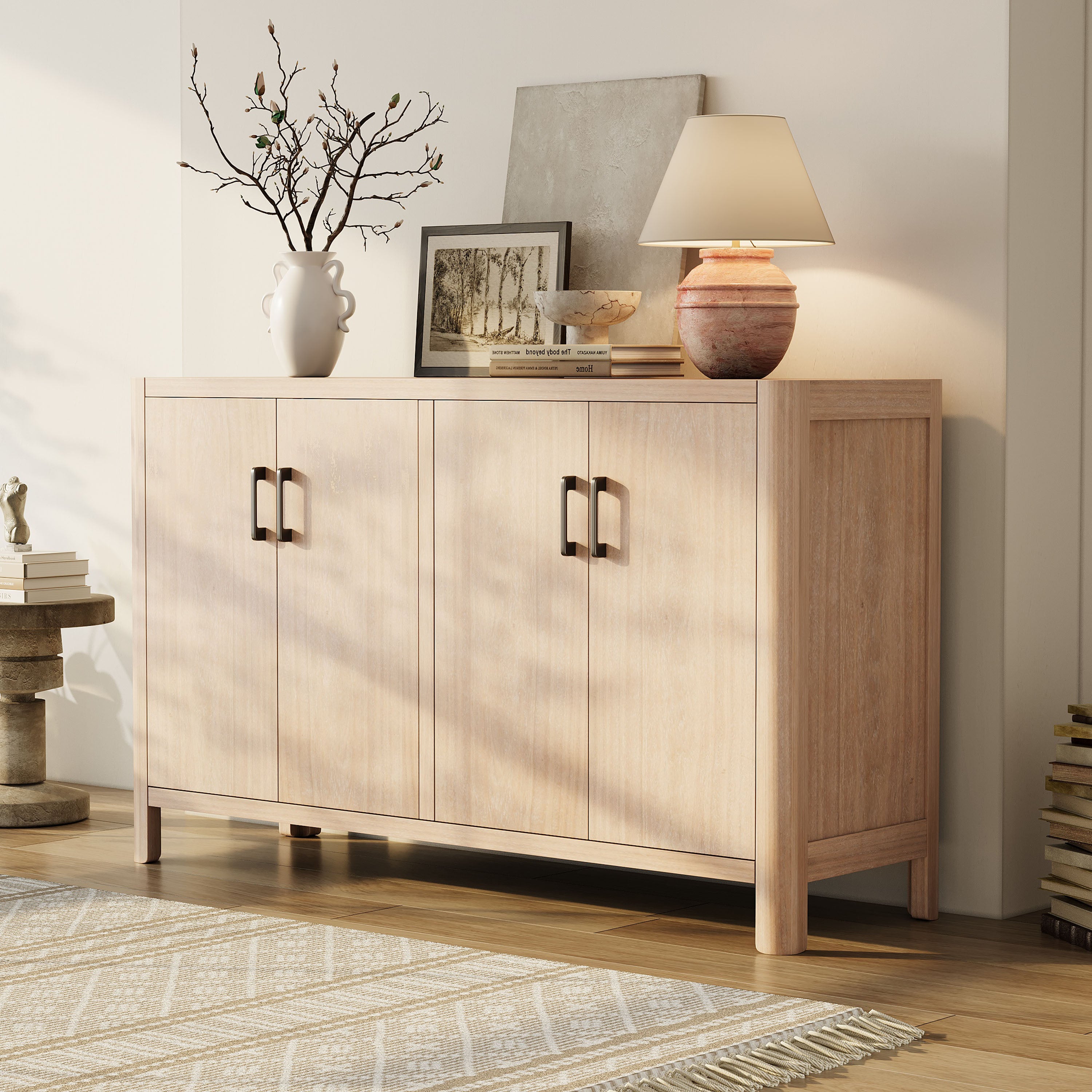 Farmhouse Style 4-Door Cabinet with Natural Distressed Finish