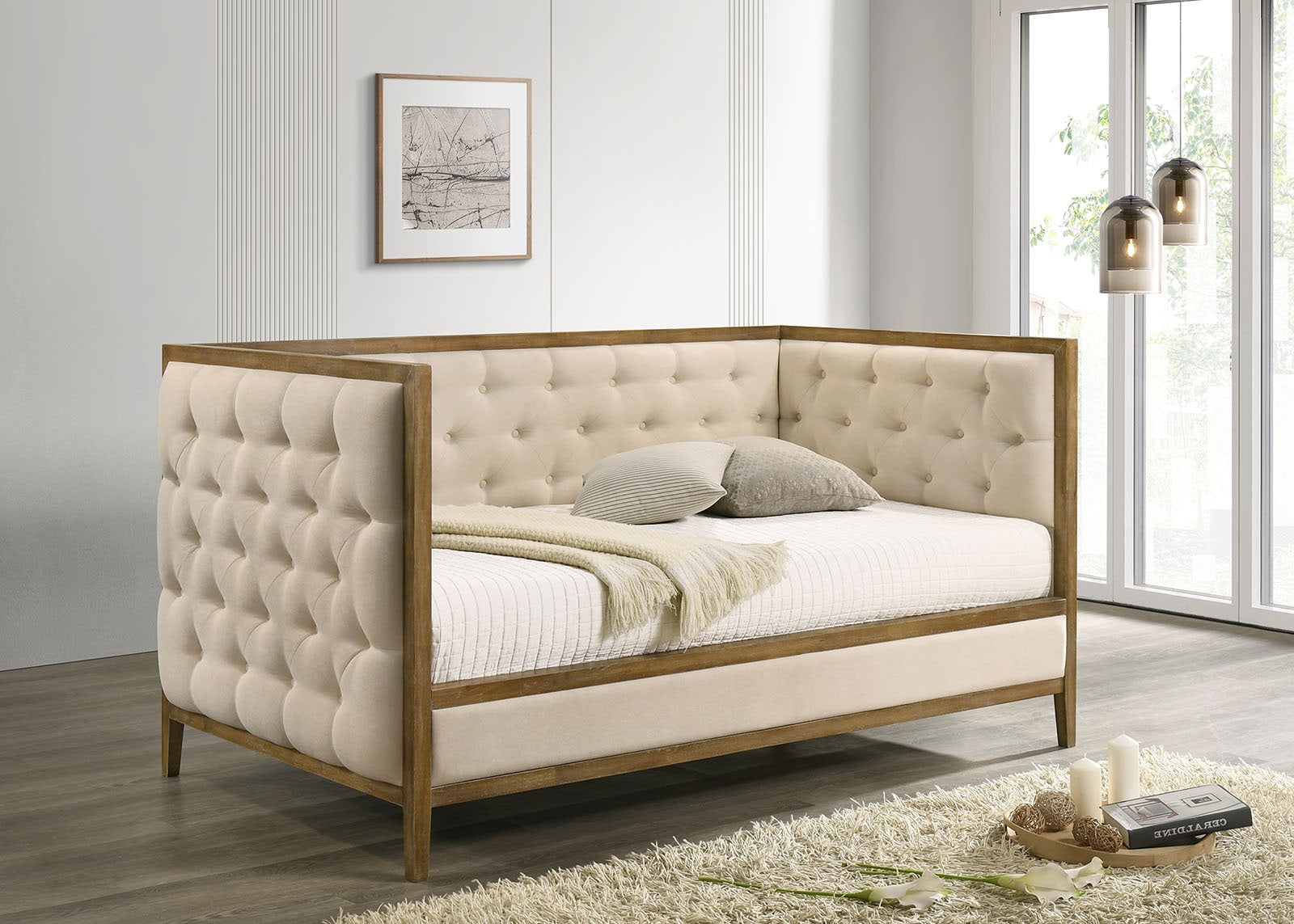Tufted Upholstered Wood Trim Twin Size Daybed