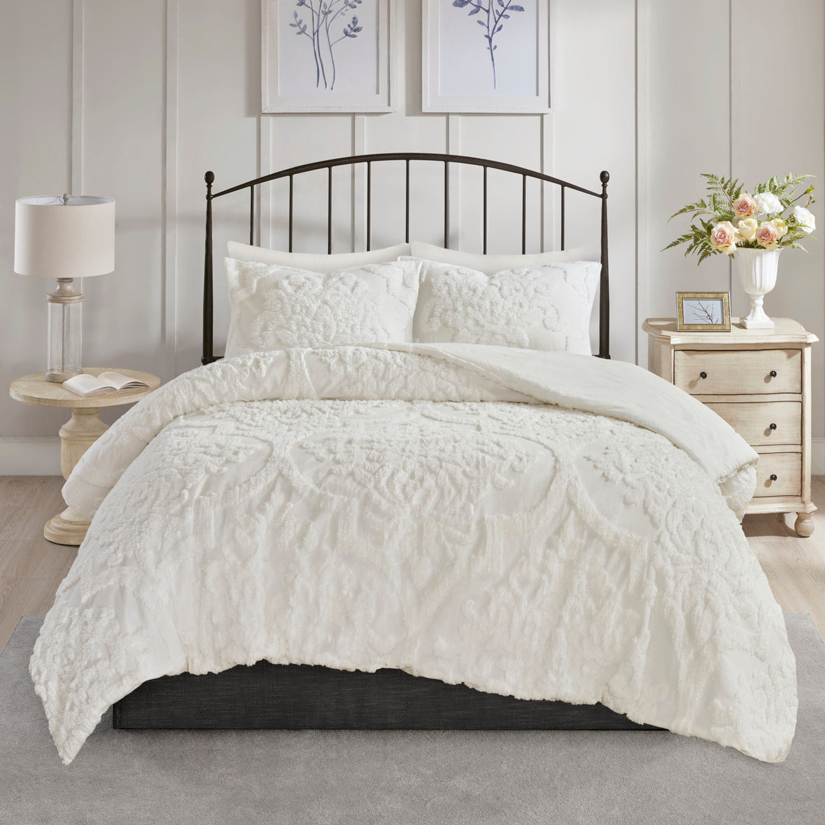 Viola 3-Piece Tufted Cotton Chenille Damask Comforter Set