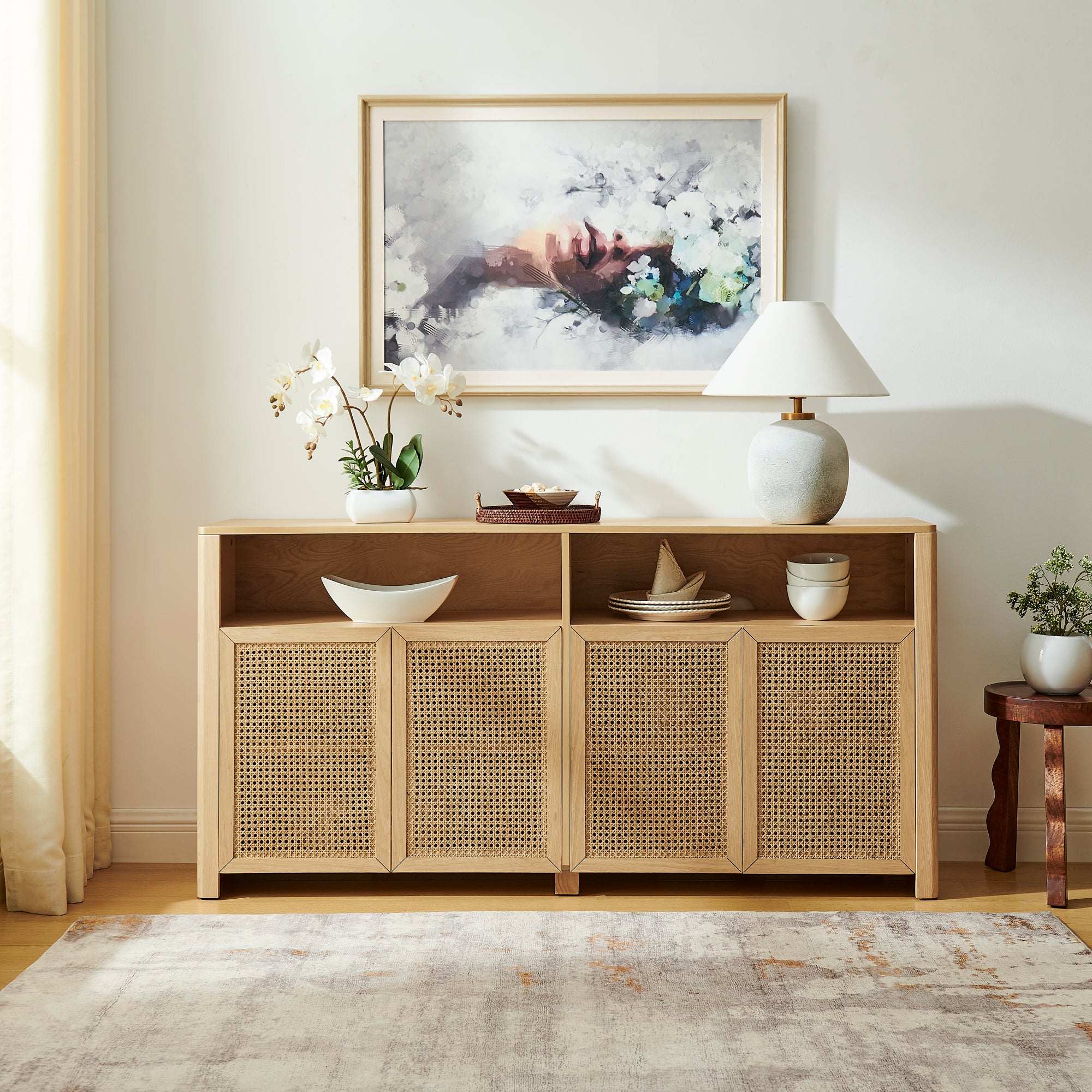 63" Mid-Century Modern Rattan Sideboard Buffet Storage Cabinet