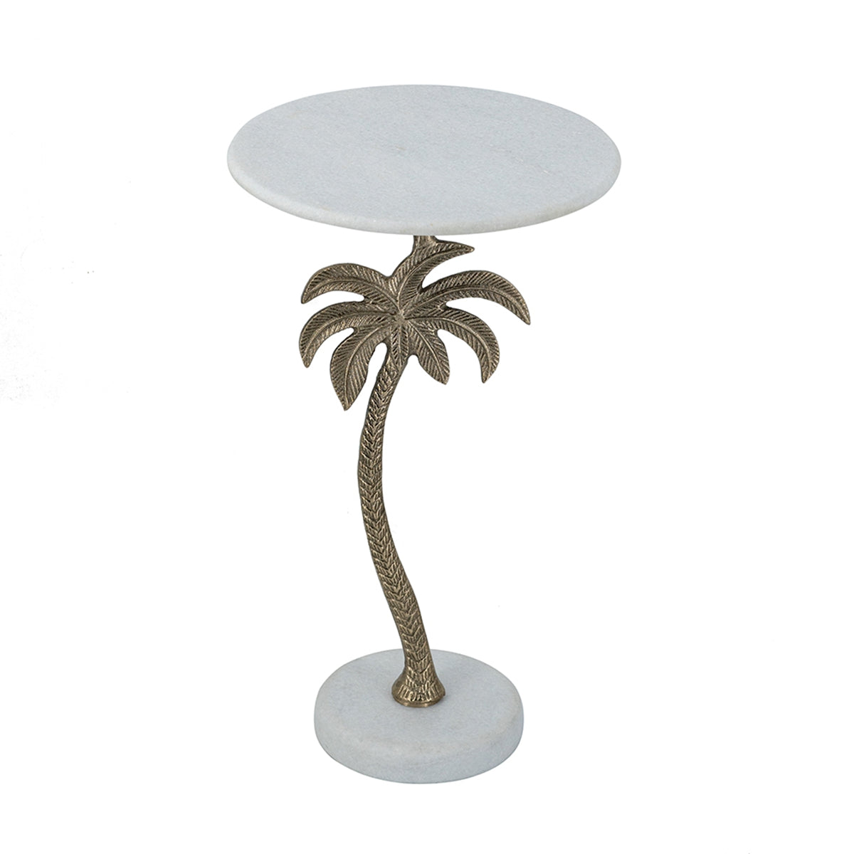 Round Side Table With White Marble Top And Gold Palm Tree Design