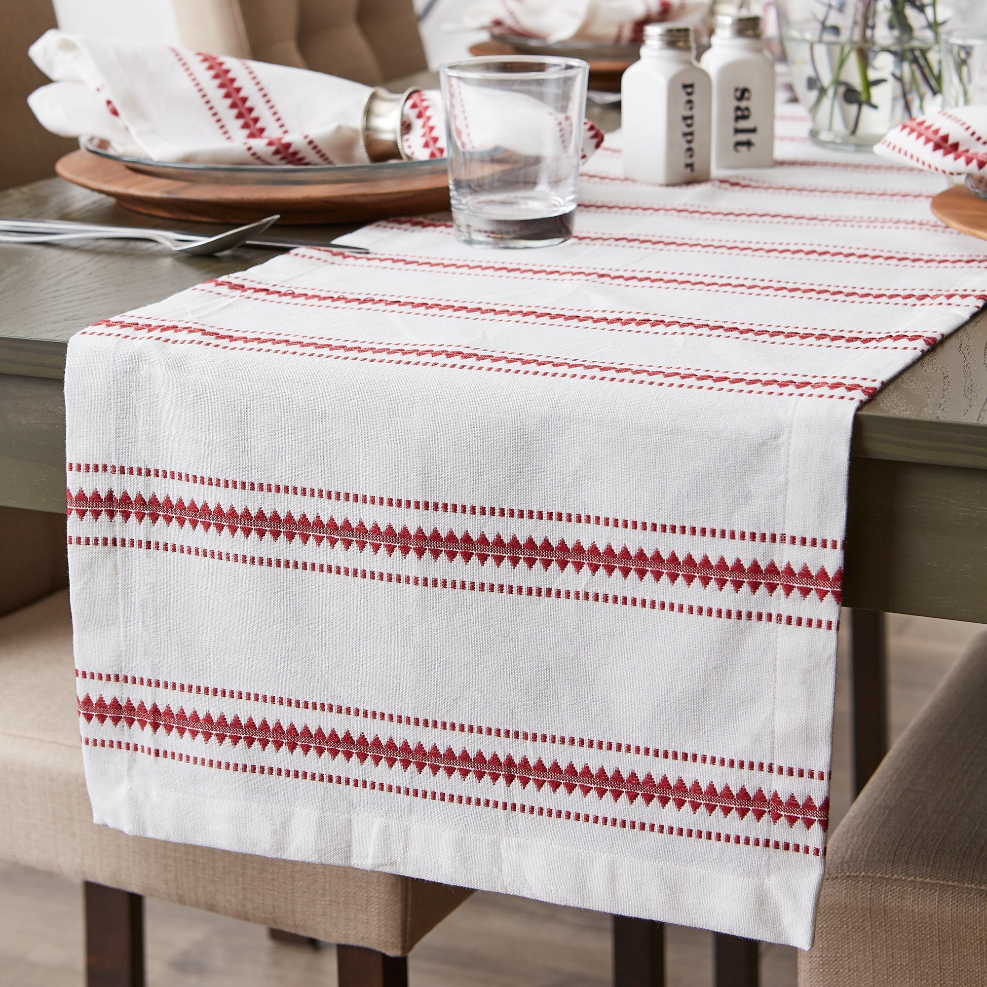 Barn Red Zig Dobby Stripe Table Runner 14X108 - Table Runners