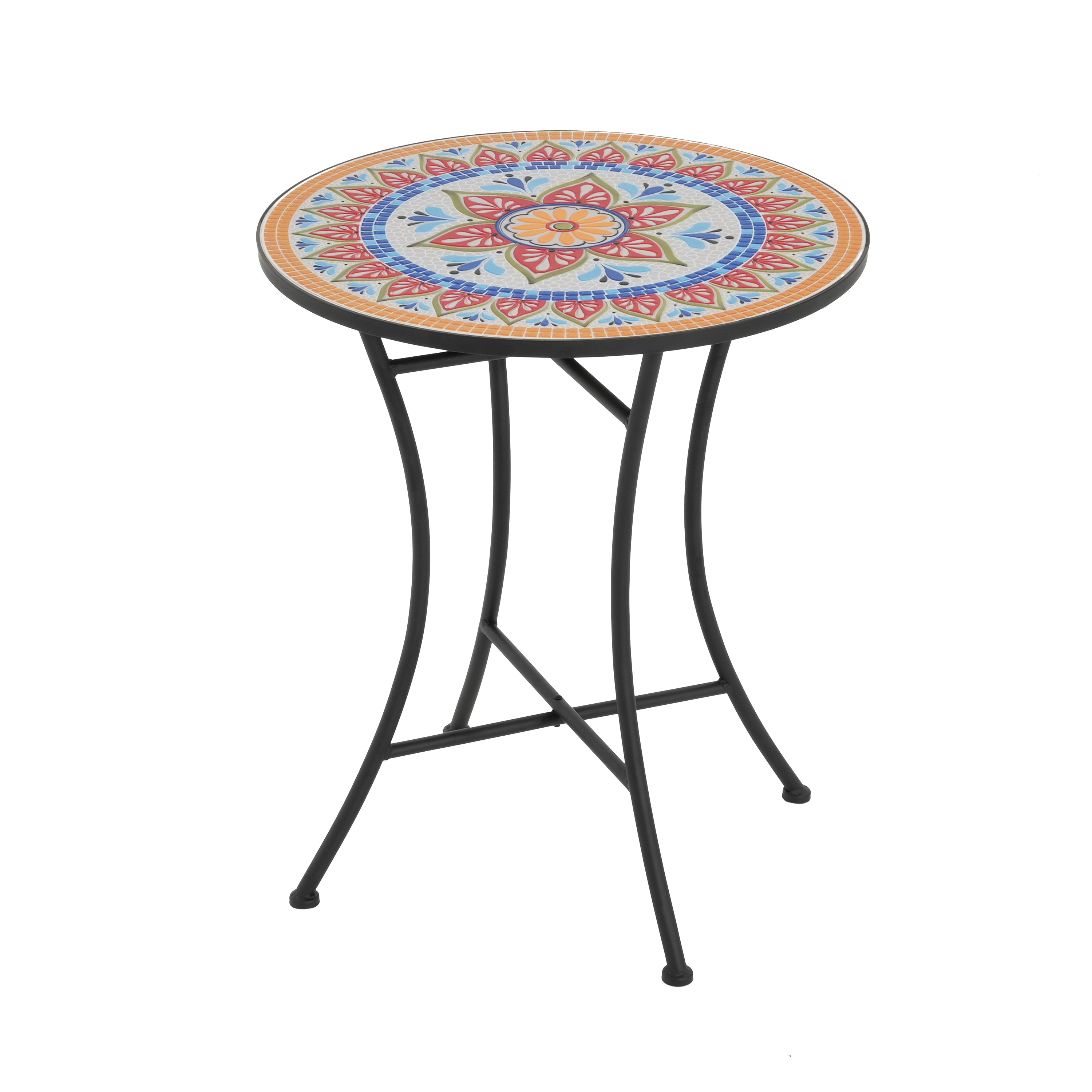 3-Piece Outdoor Chat Set with Ornate Open Scroll Pattern and Ceramic Table Top