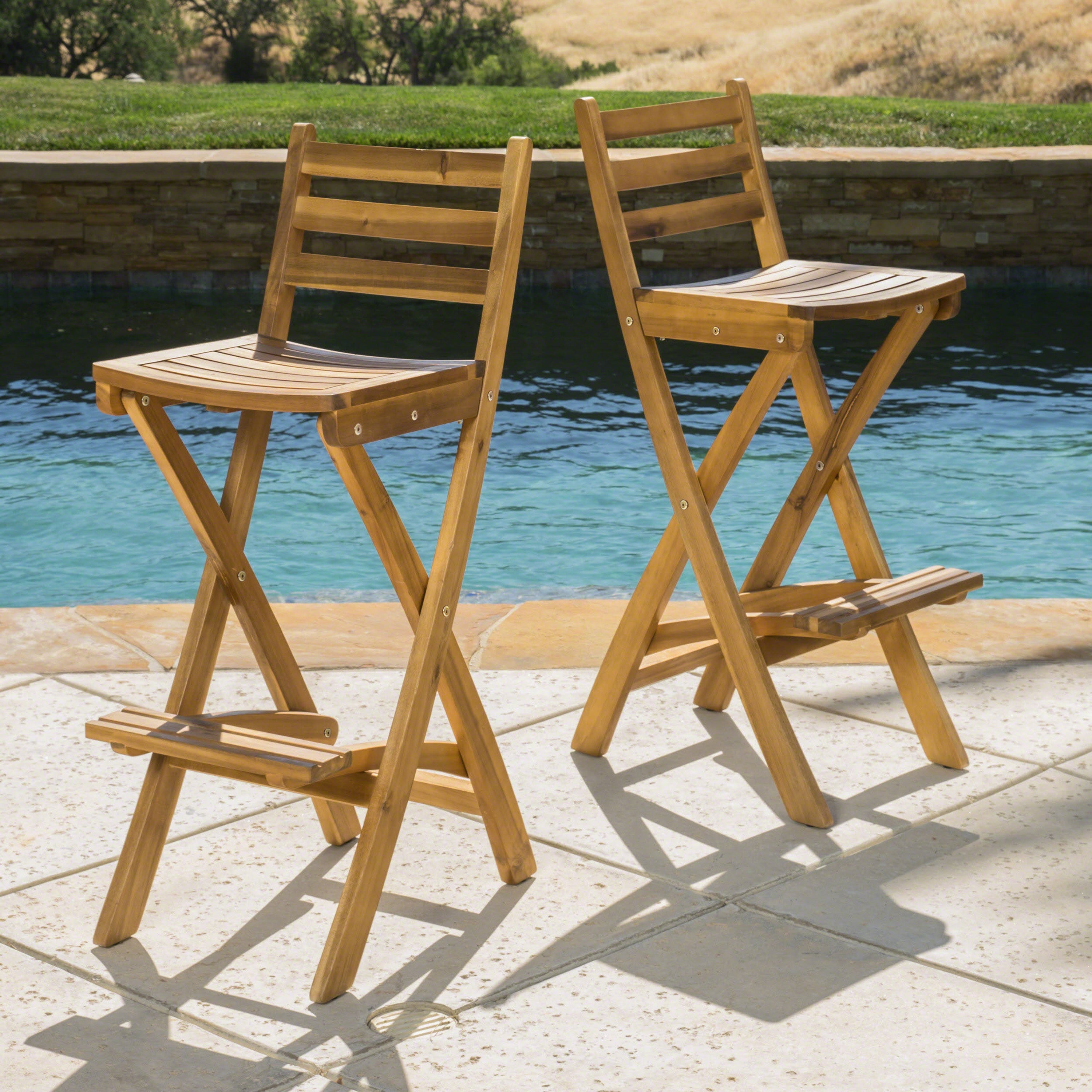 Outdoor Acacia Wood Folding Patio Barstool, Set of 2