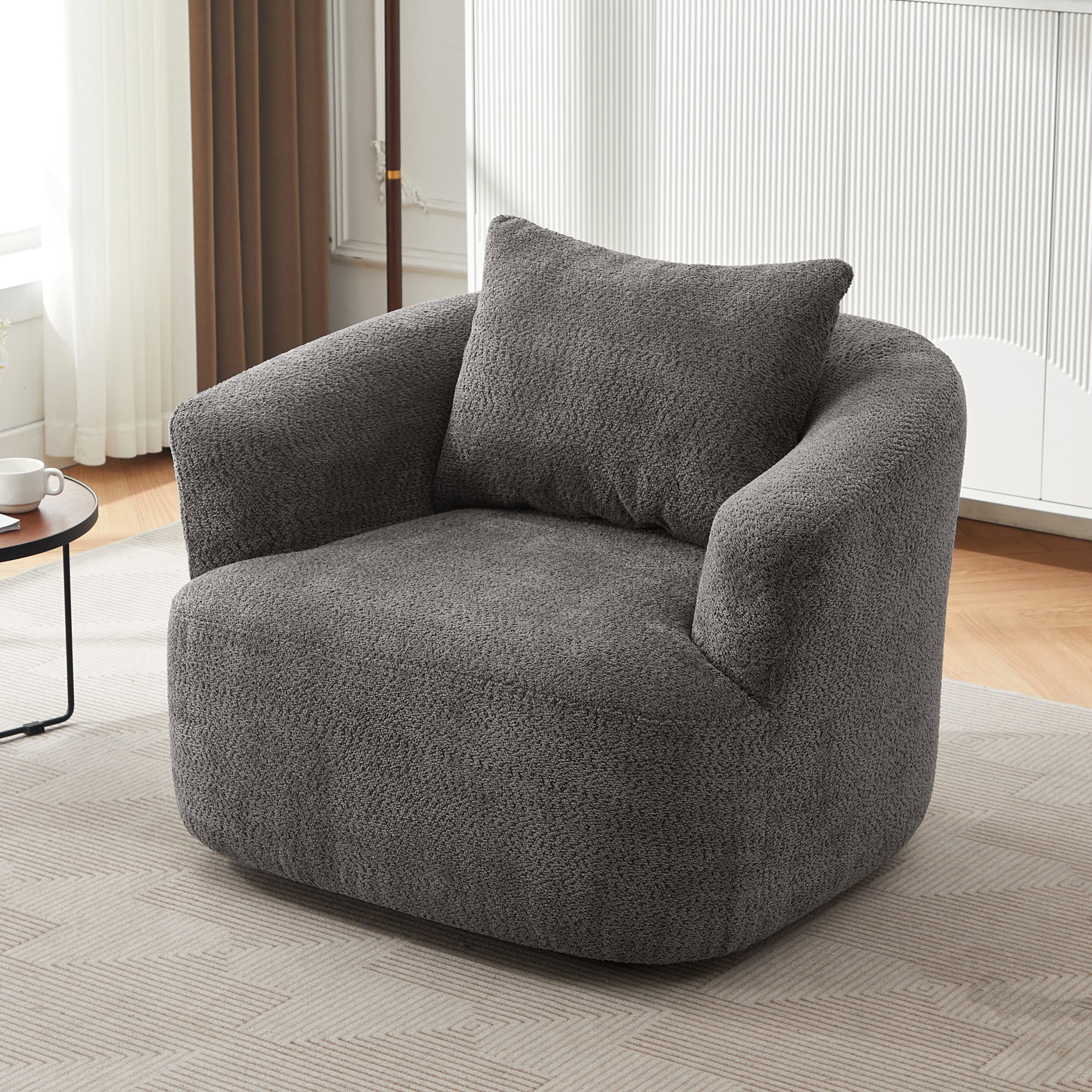 360° Swivel Barrel Chenille Upholstered Accent Chair with Throw Pillow