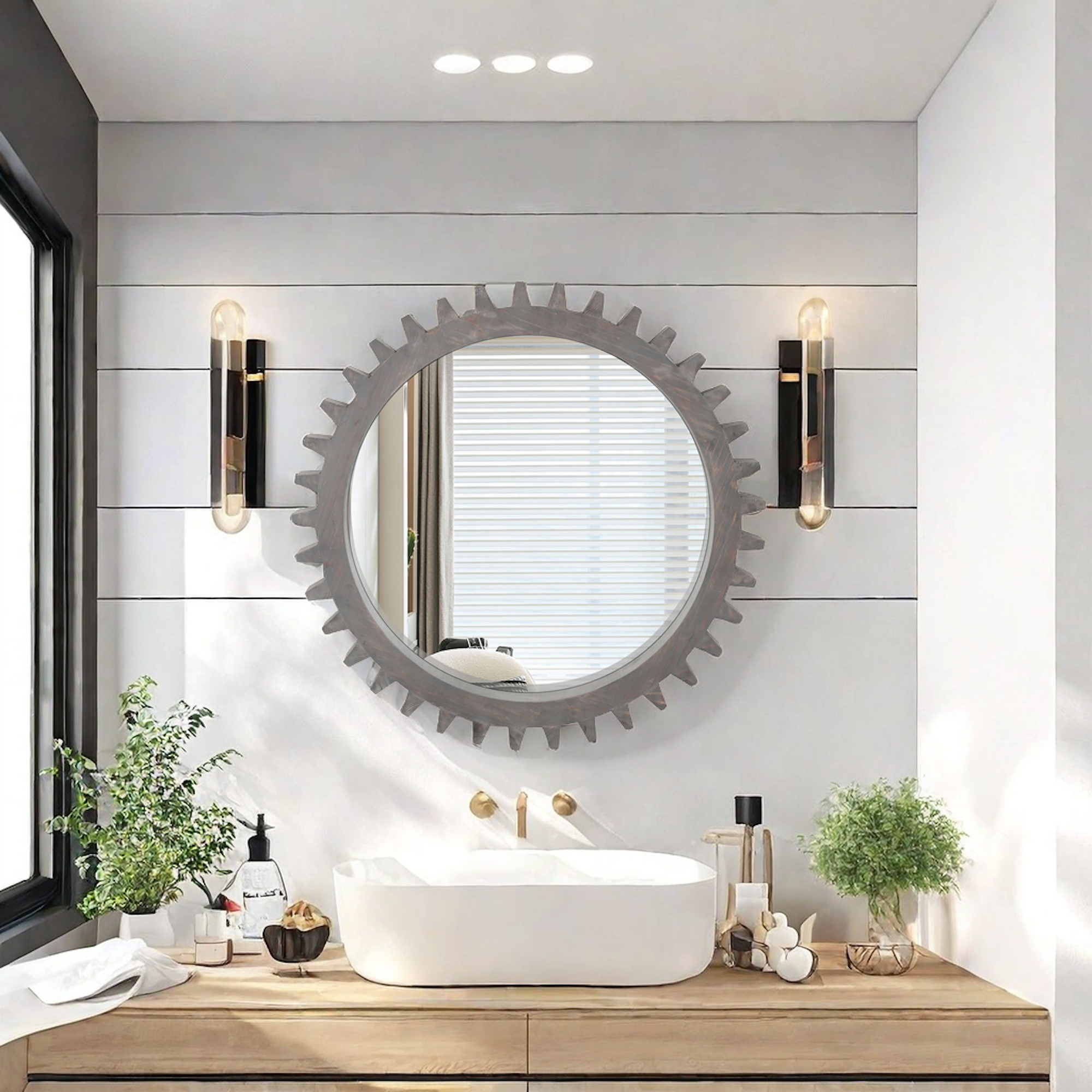 Harmonyx Wall Mirror with Gear Shape and Wood Frame