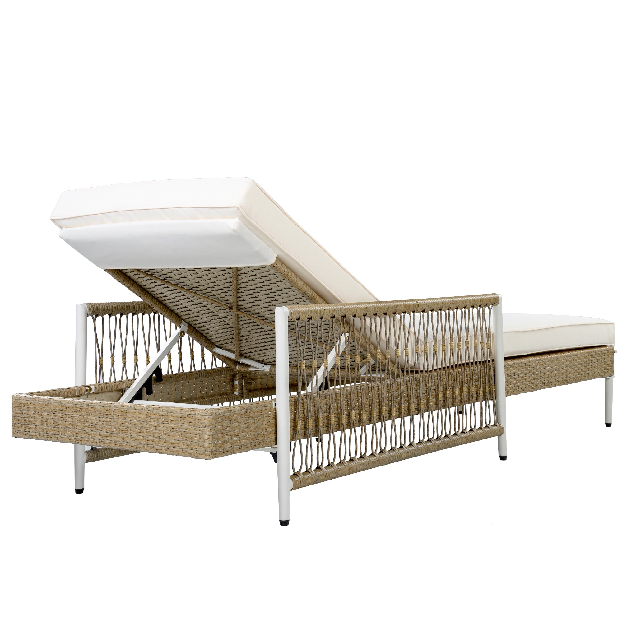 Outdoor All-Weather PE Rattan Chaise Lounge with 6 Gear Adjustable Recliner, Arms and Cushion