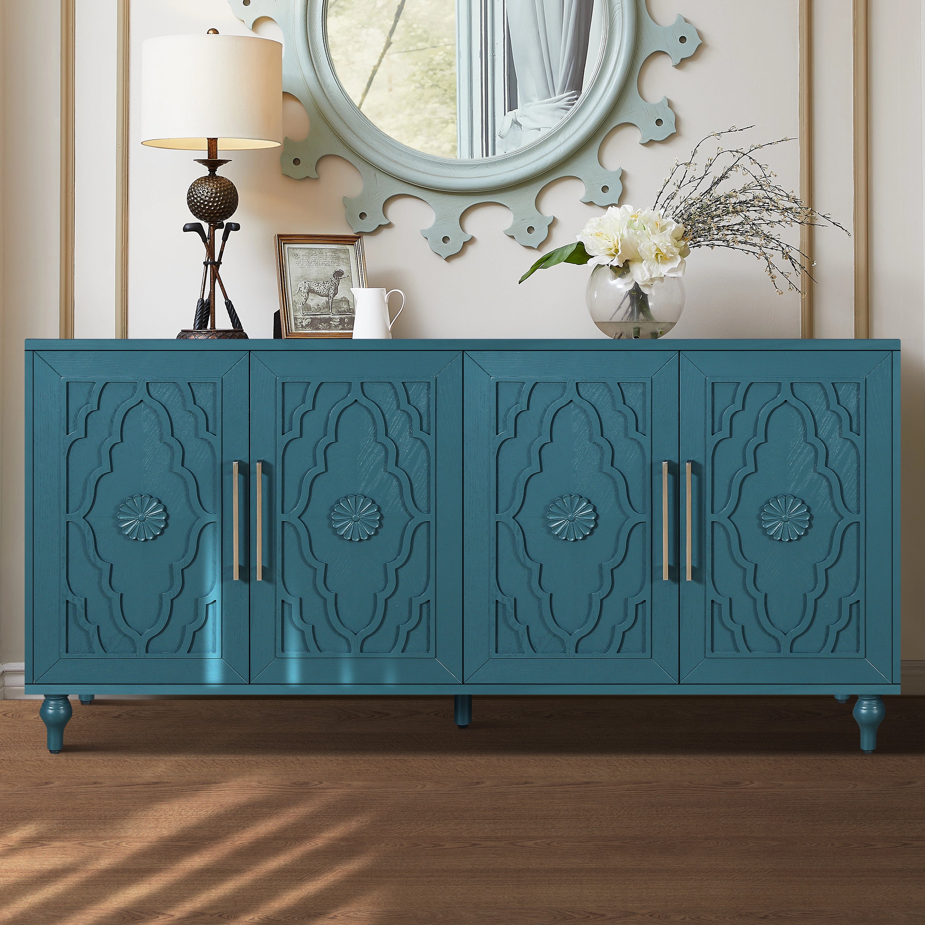 63'' Large Carved Flower Doors Storage Cabinet