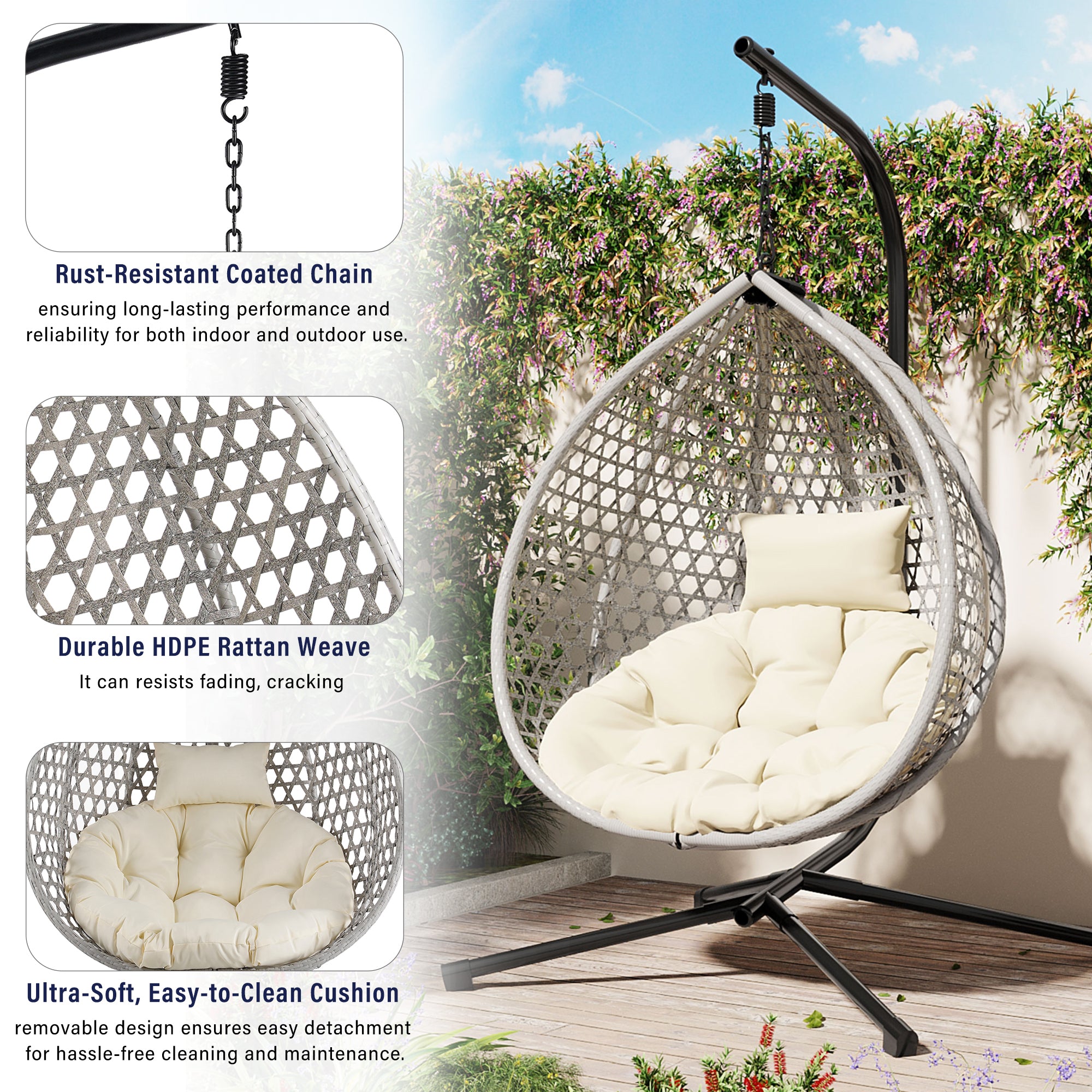 Hanging Swinging Egg Chair with Rattan Weaving, Base Included
