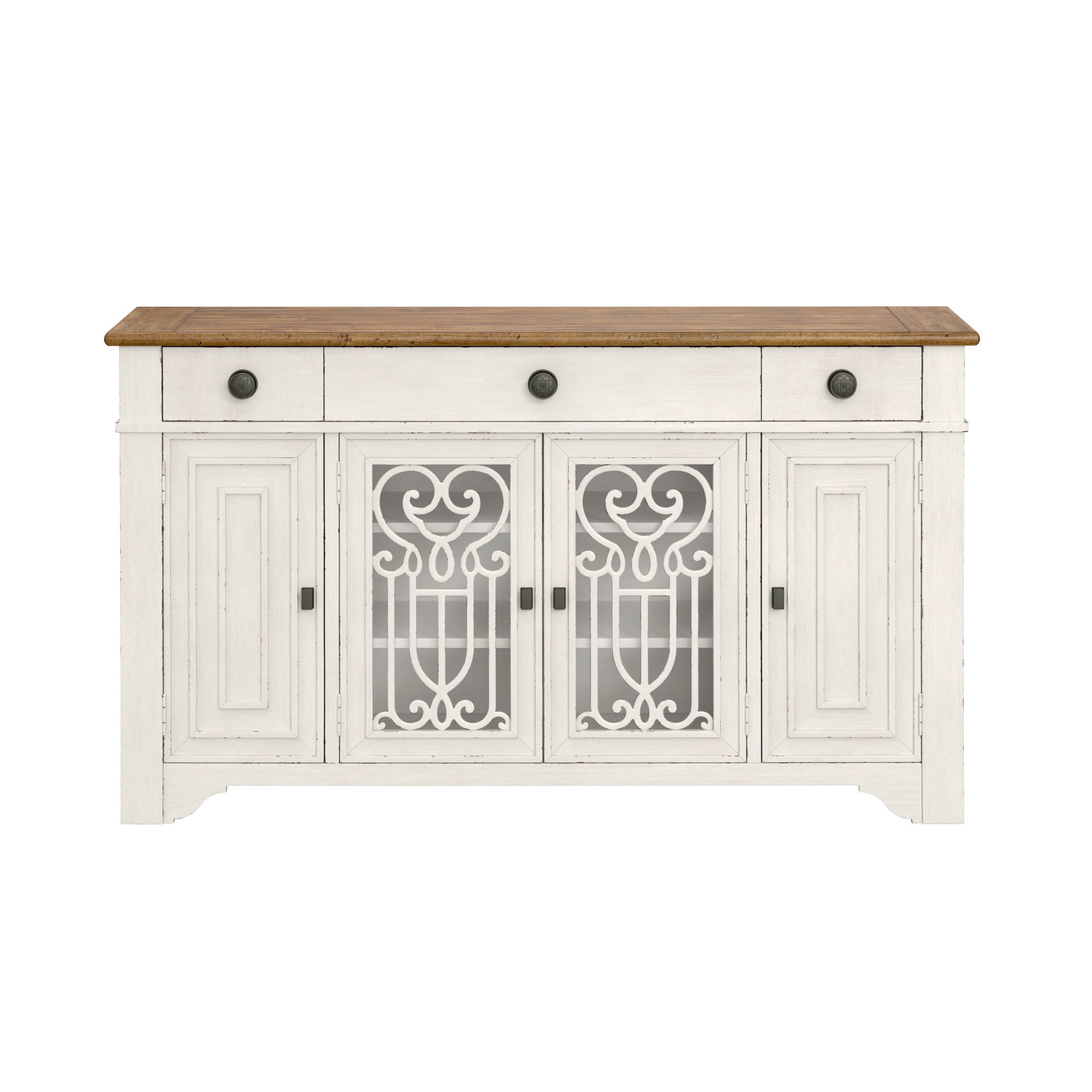 Duotone Farmhouse Sideboard Buffet with Scroll Detail Doors