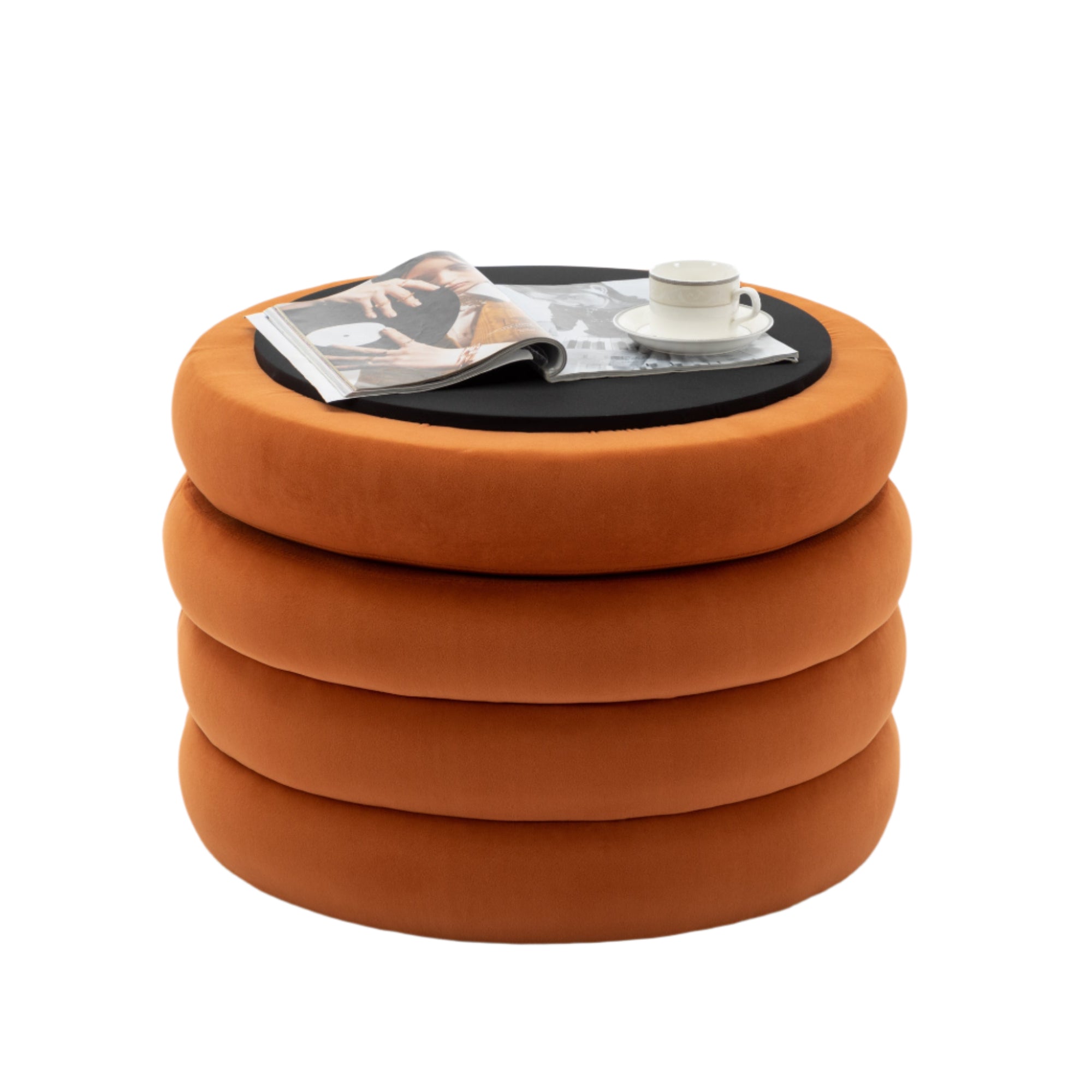 Boucle Storage Round Ottoman Footstool With Wooden Shelving