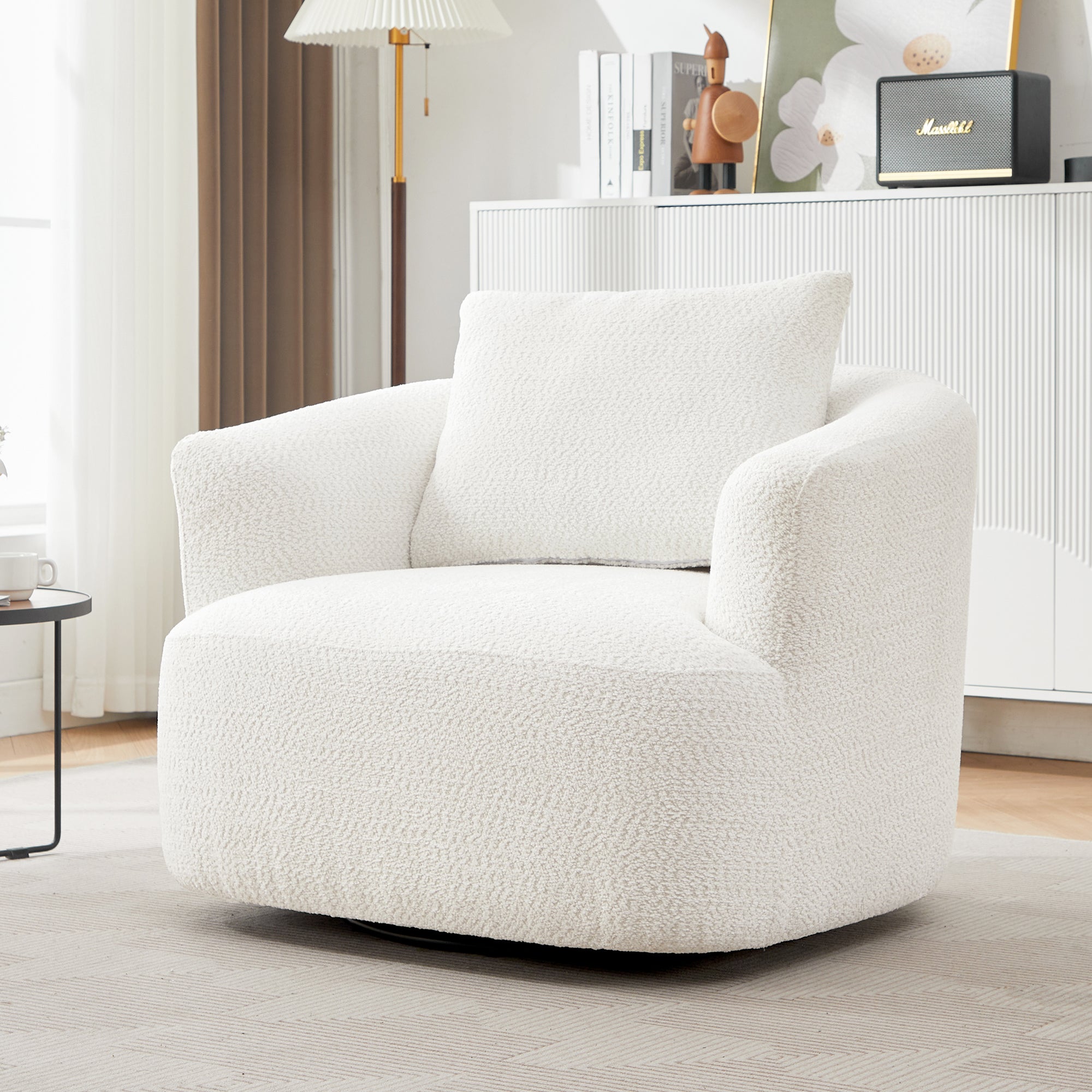 360° Swivel Barrel Chenille Upholstered Accent Chair with Throw Pillow