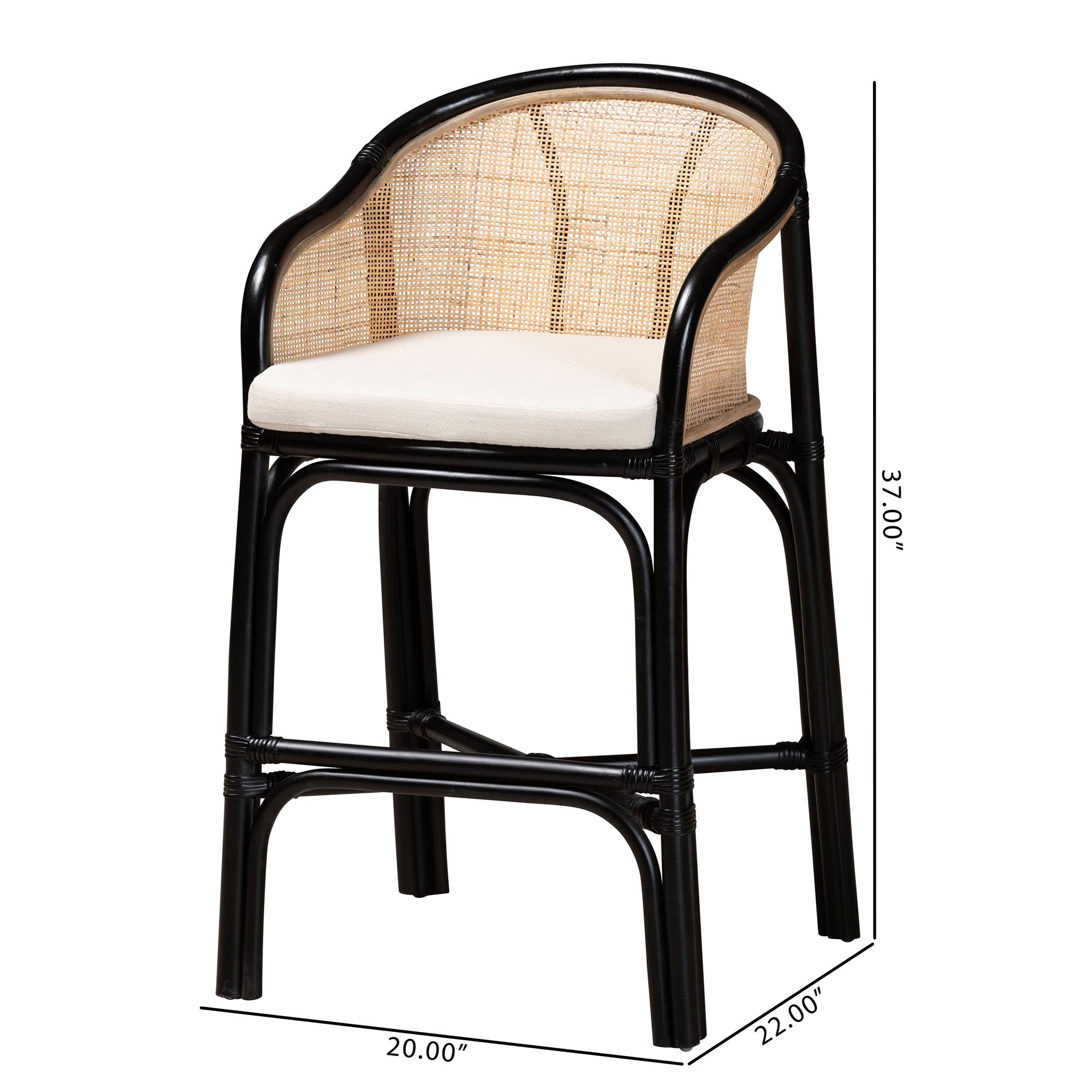 Modern Bohemian Two-Tone Black and Natural Brown Rattan Counter Stool