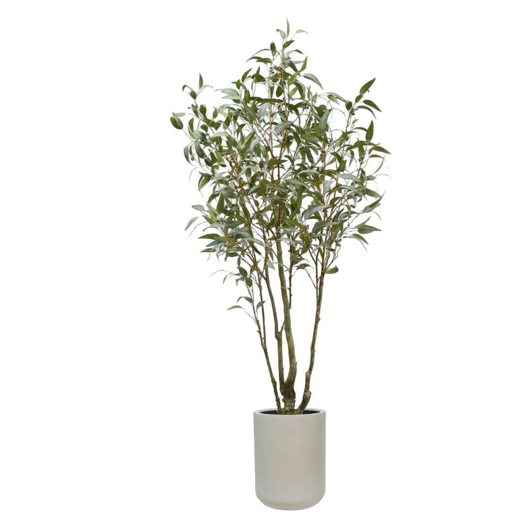 7' Faux Willow Eucalyptus Tree with Artisan Planter for Commercial on White Background