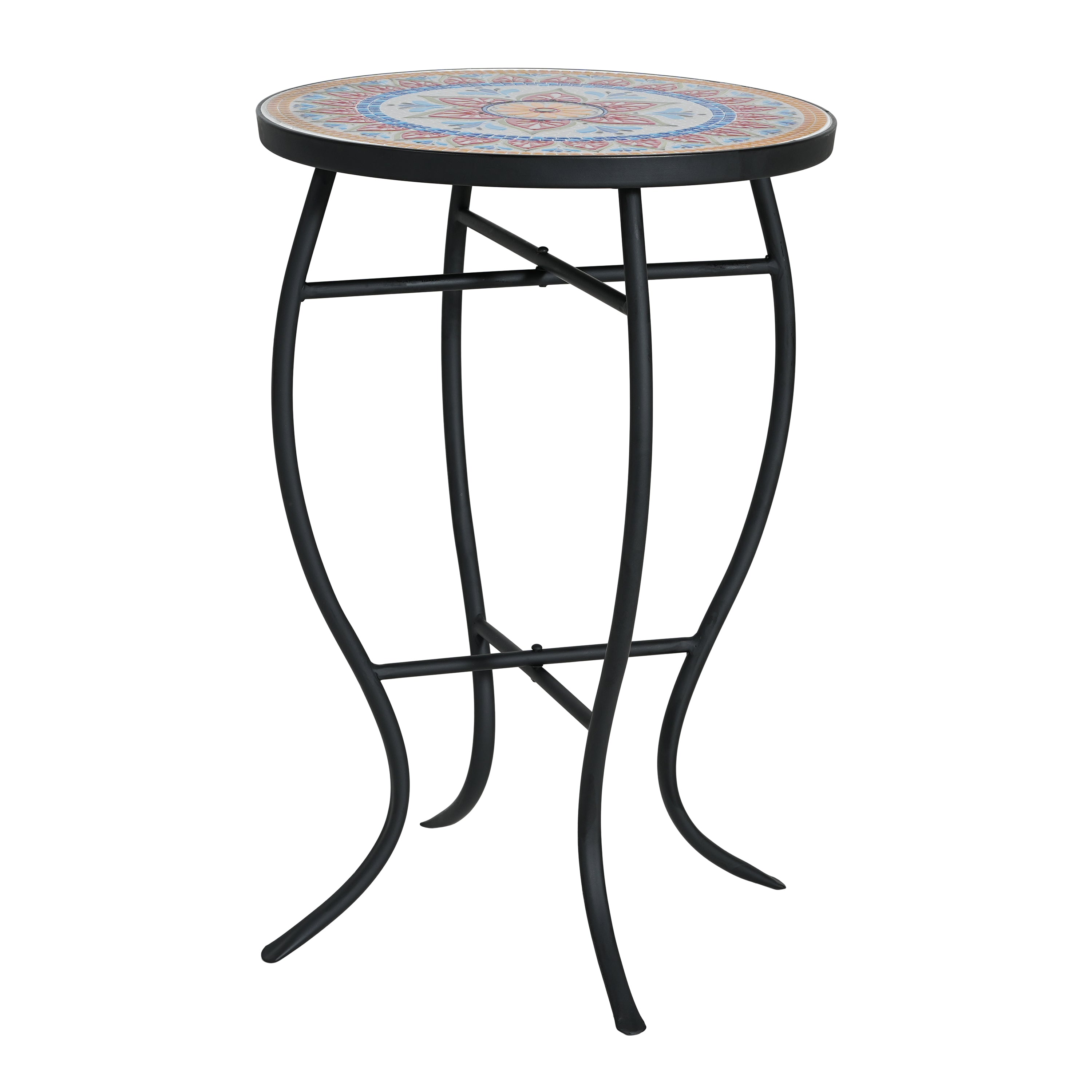 Outdoor Round Side Table with Mosaic-Style Top and Curved Iron Legs - Multi-color
