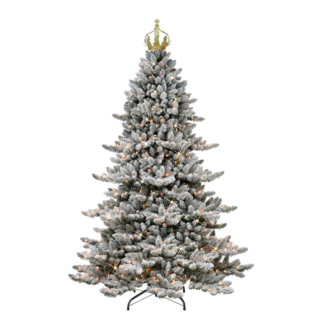 7.5 ft Pre-lit Flocked Royal Majestic Spruce Artificial Christmas Tree with Clear Lights, Gold Crown Treetop & Metal Stand