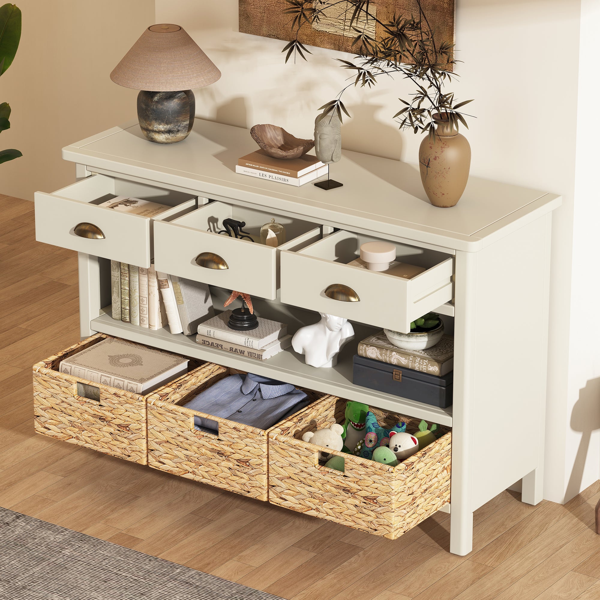 Coronate Console Table with Drawers and Water Hyacinth Woven Baskets
