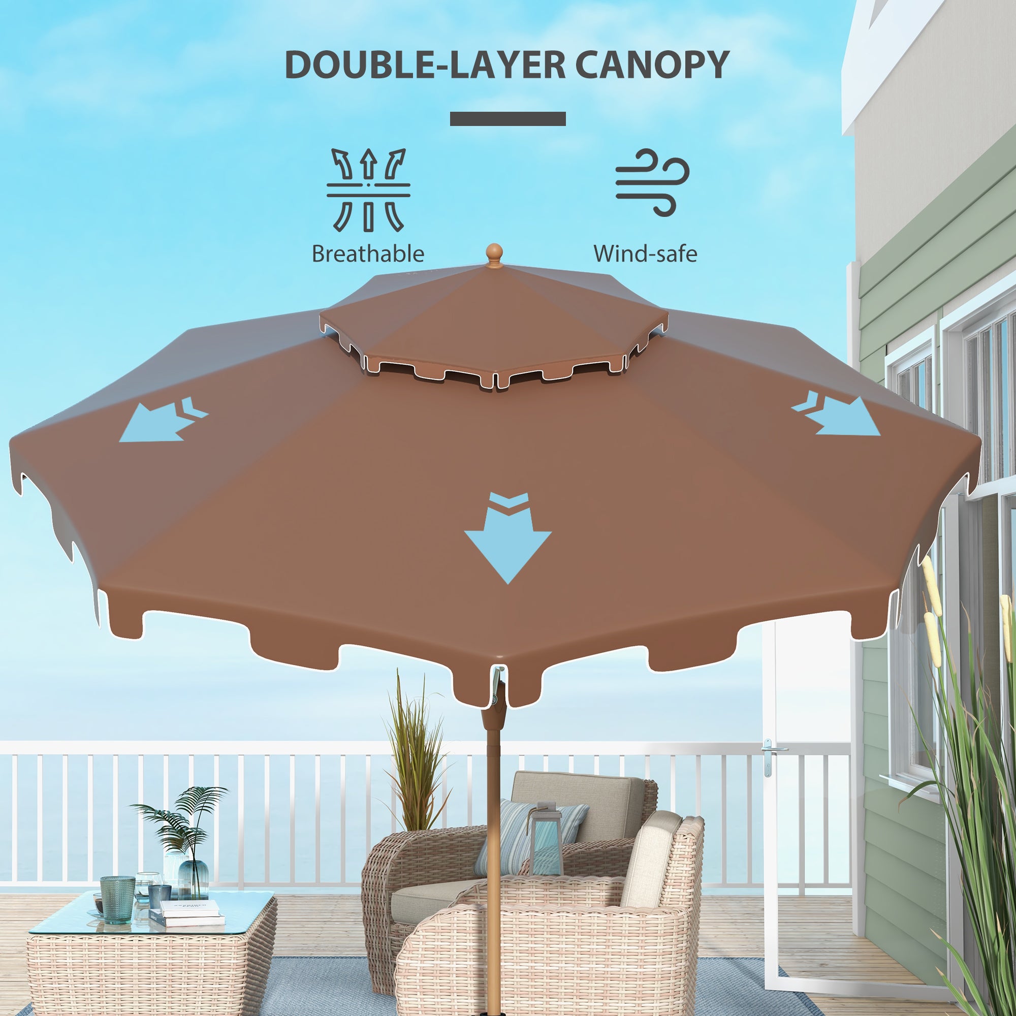 9' Double Top Ruffled Patio Umbrella with Push Button Tilt and Crank