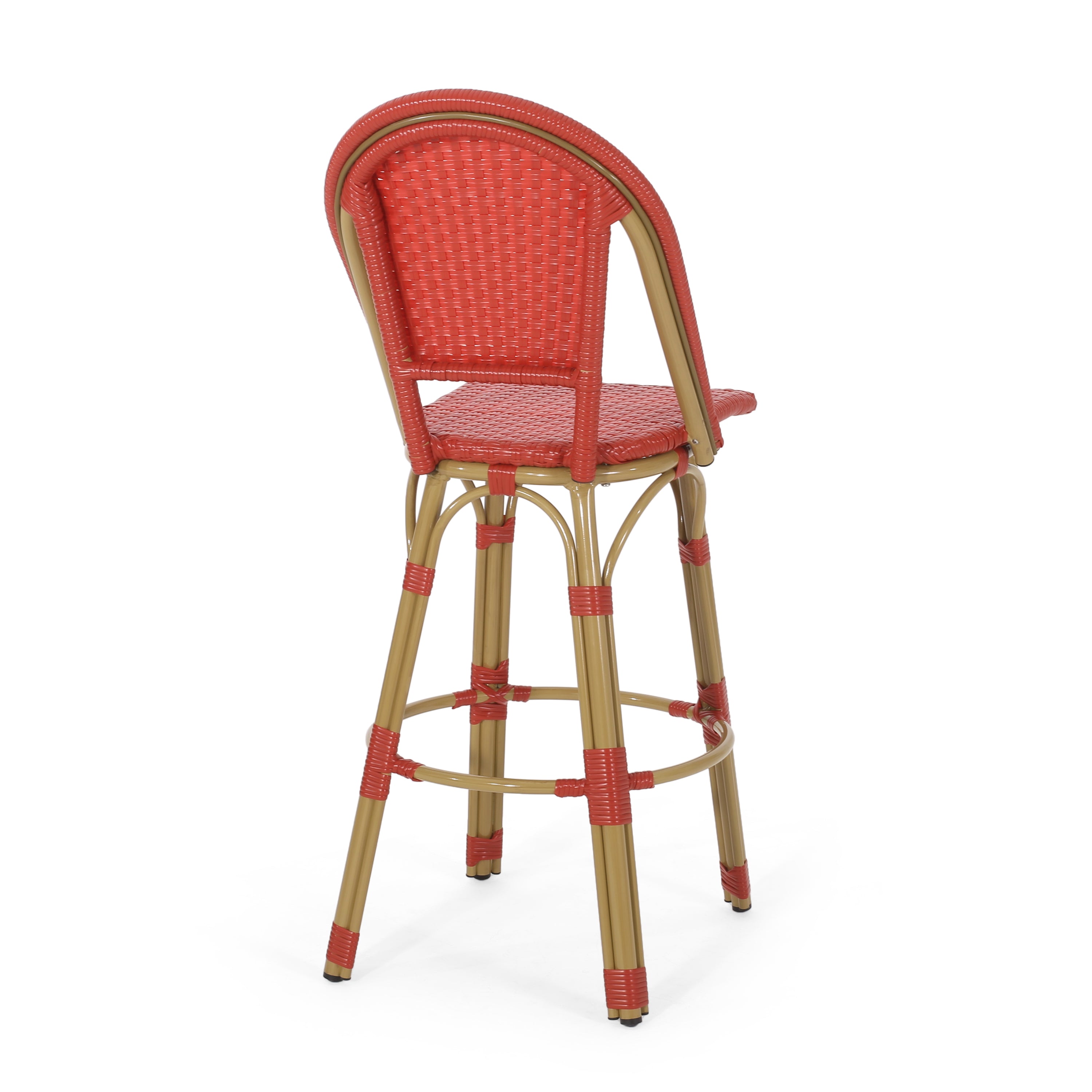 Callisto 29.5" Outdoor Rattan and Aluminum Bar Stool with Curved Back and Footrest