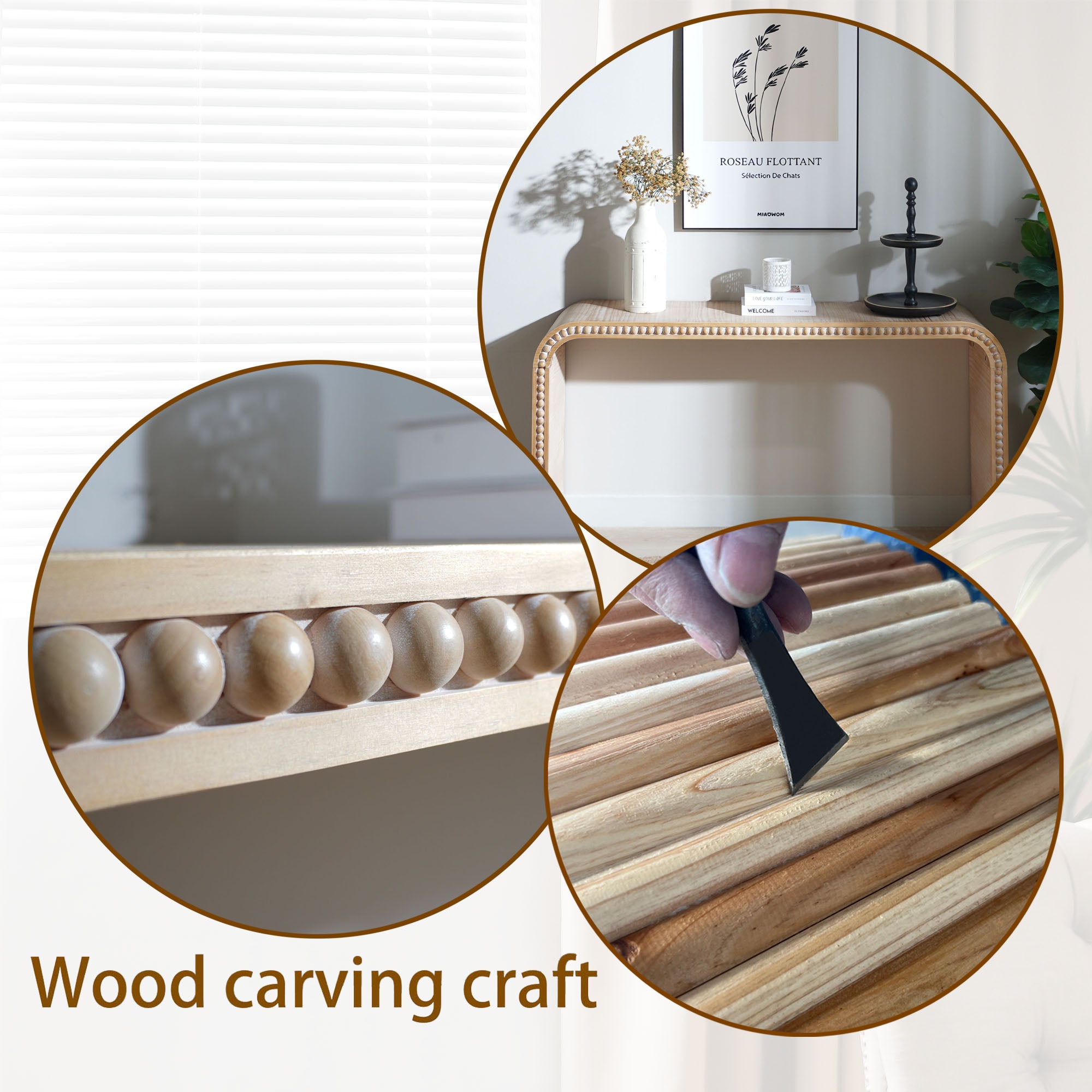 Curved Waterfall-Style Wood Beaded Console Table