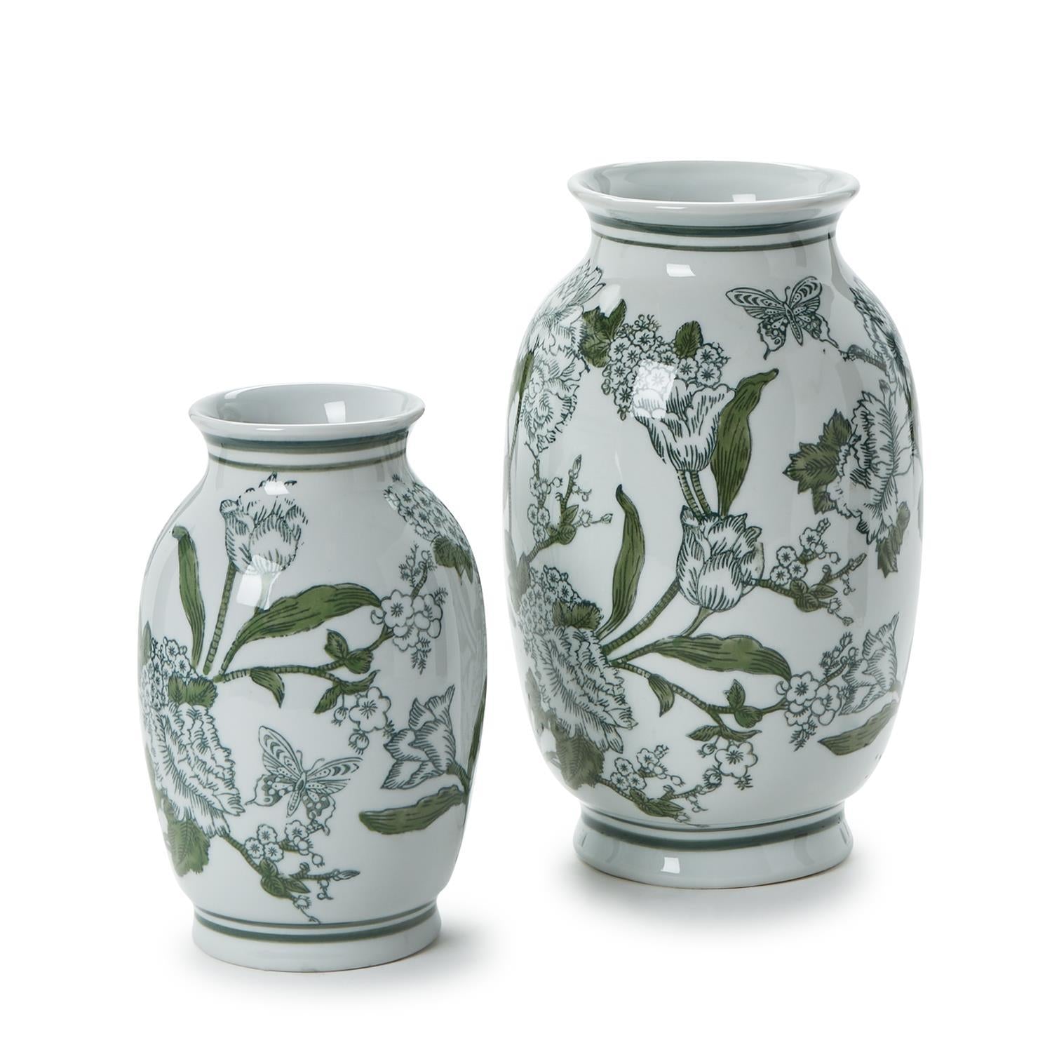 Primrose and Lotus Green and White Chinoiserie Vases, Set of 2