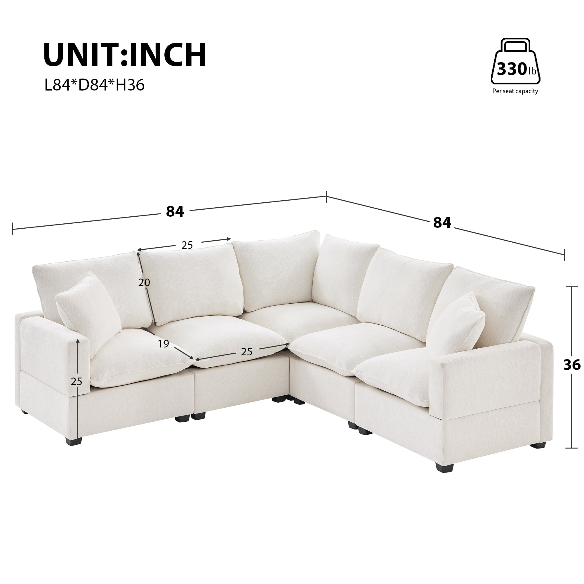 Chenille Modular L-Shape Sofa, Seats 5
