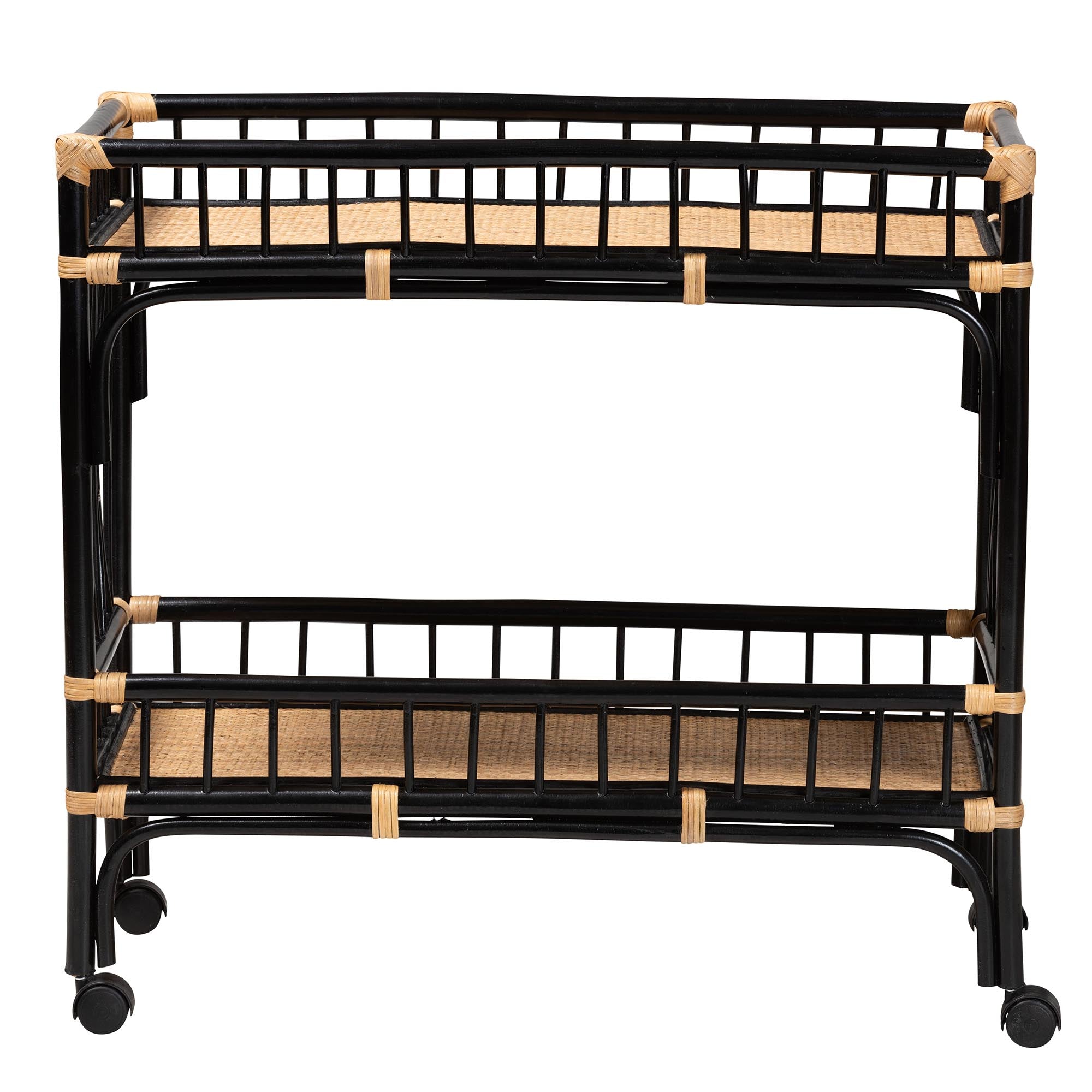 Bohemian Two-Tone Black and Natural Brown Rattan 2-Tier Bar Cart