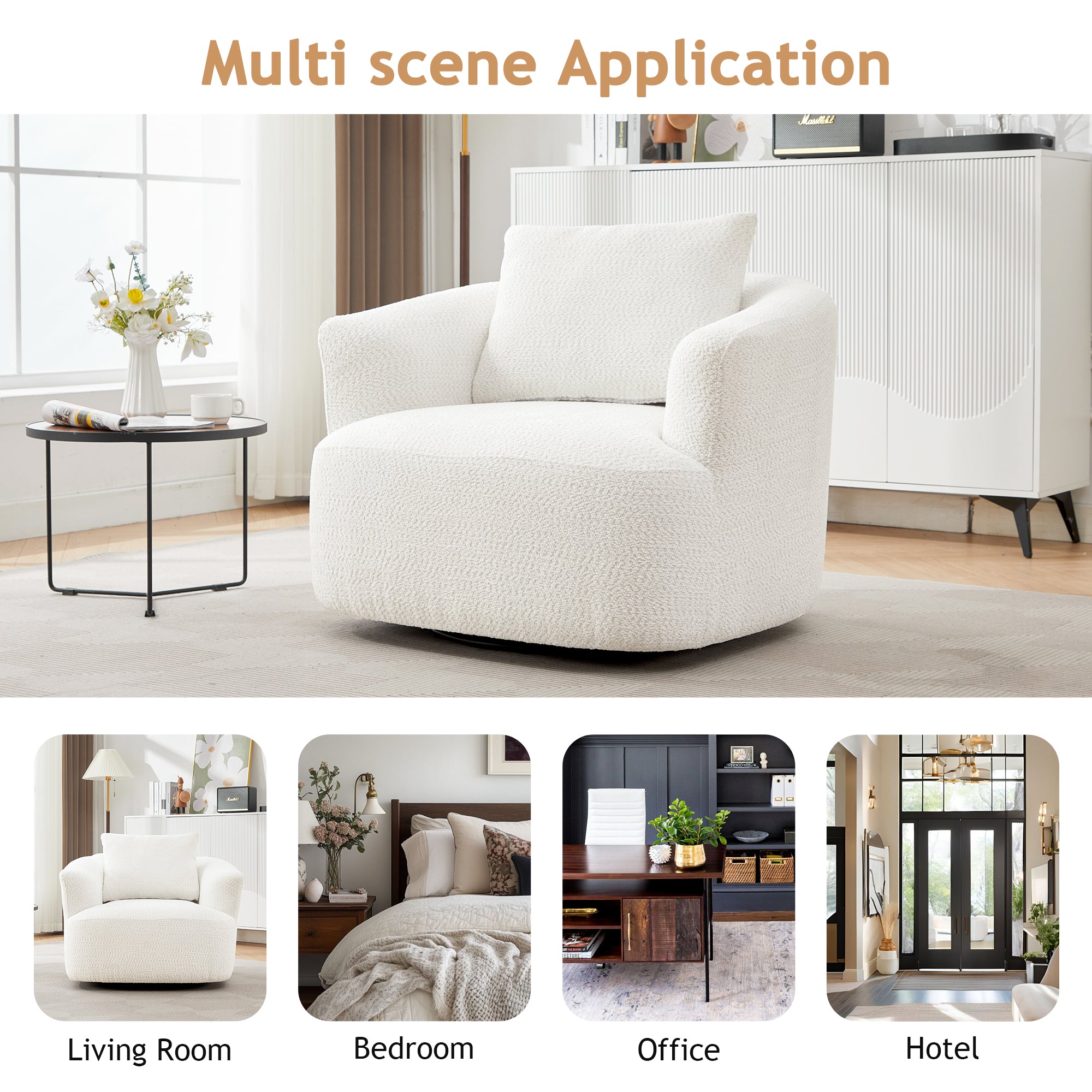 360° Swivel Barrel Chenille Upholstered Accent Chair with Throw Pillow