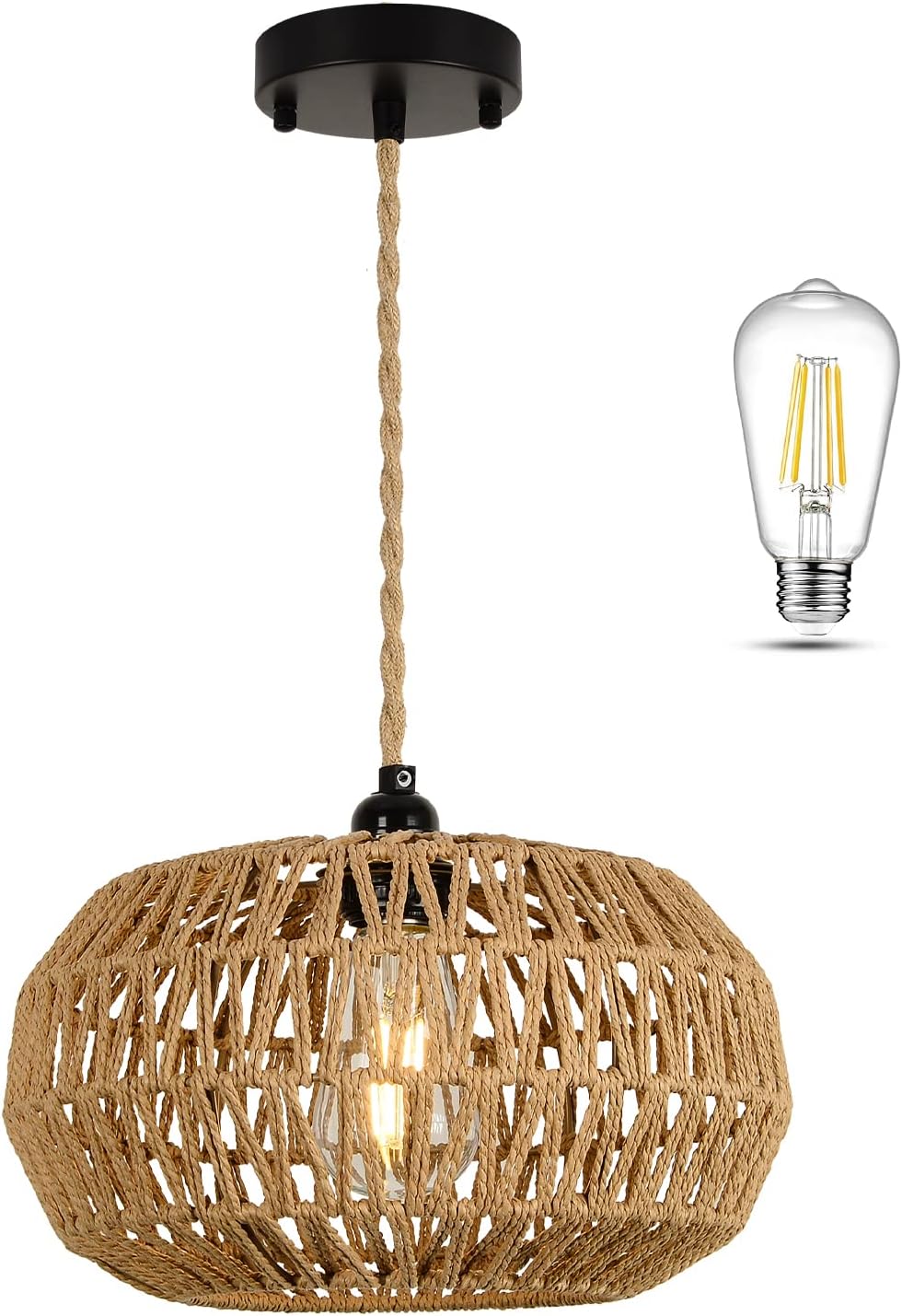 Pendant Light with Rope Cage Basket and Adjustable Height