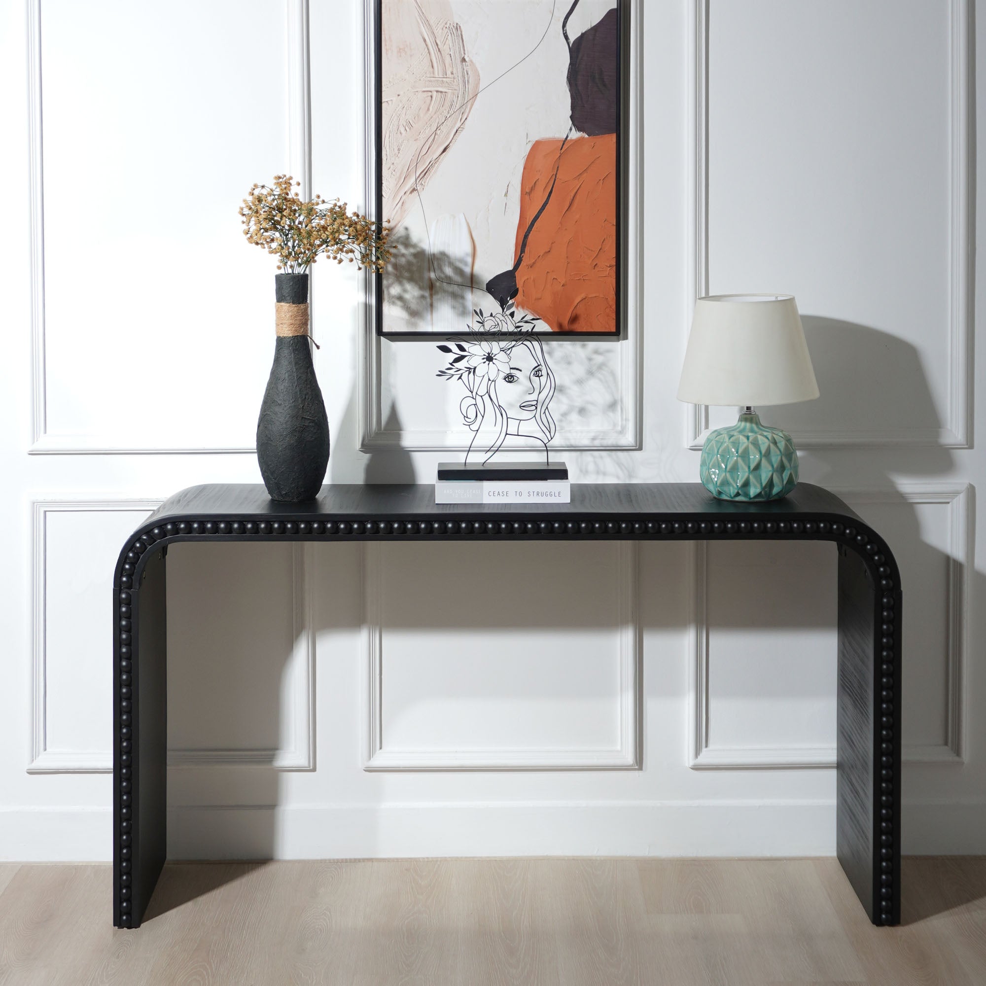 Curved Waterfall-Style Wood Beaded Console Table