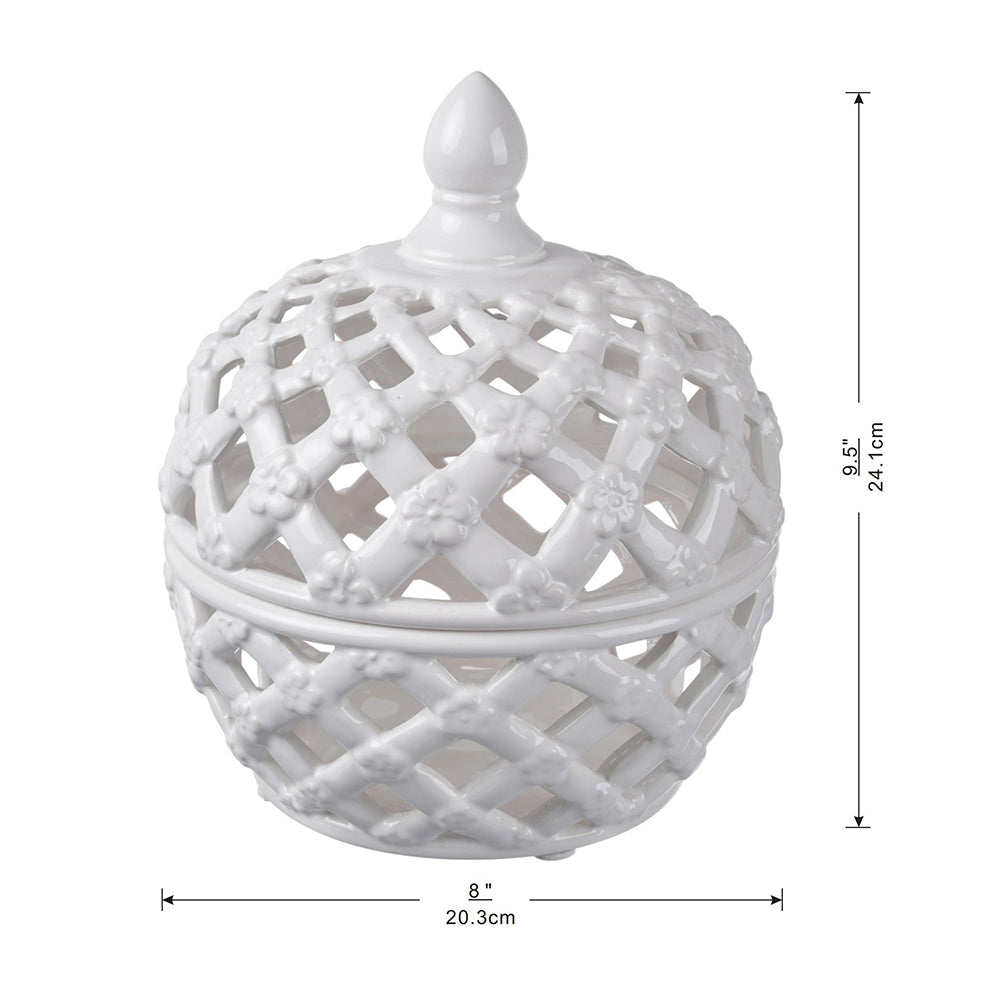 Brackets Ceramic Lidded Jar with Lattice Design and Tiny Flower Pattern