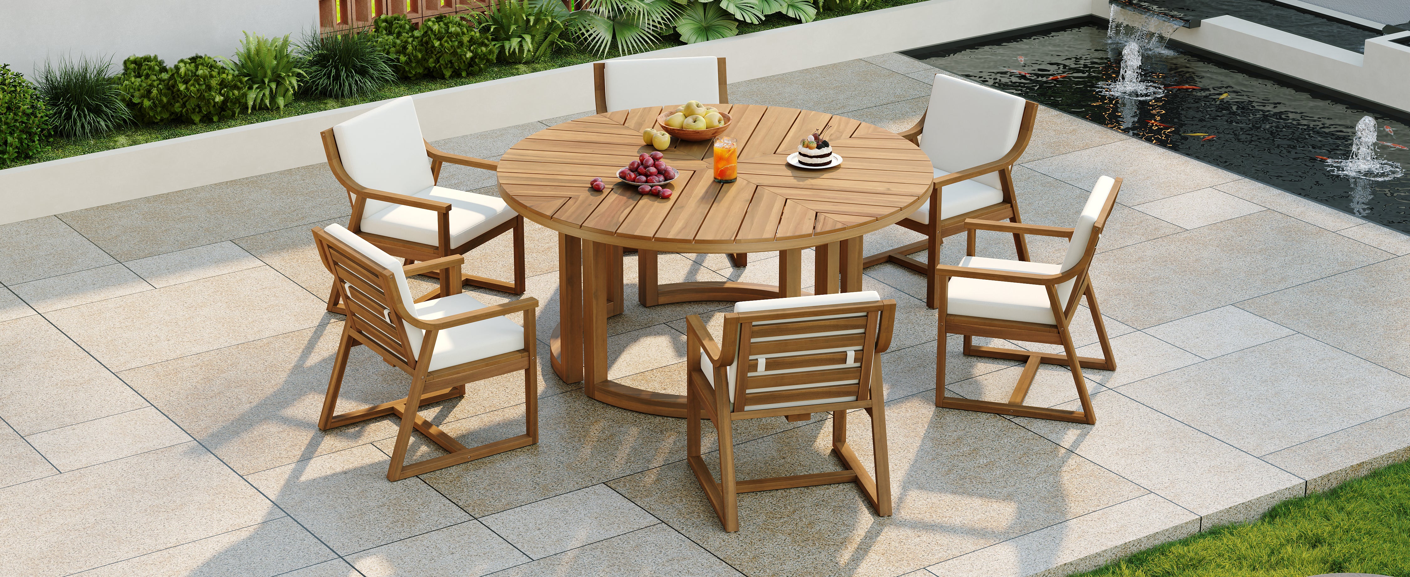 TREXM Patio Dining Table Set for 6, Round Dining Table with 1.96" Umbrella Hole, Outdoor Wooden Patio Furniture Set with Removable Cushions for Garden, Backyard and Pools (Light Teak+Beige Cushion)