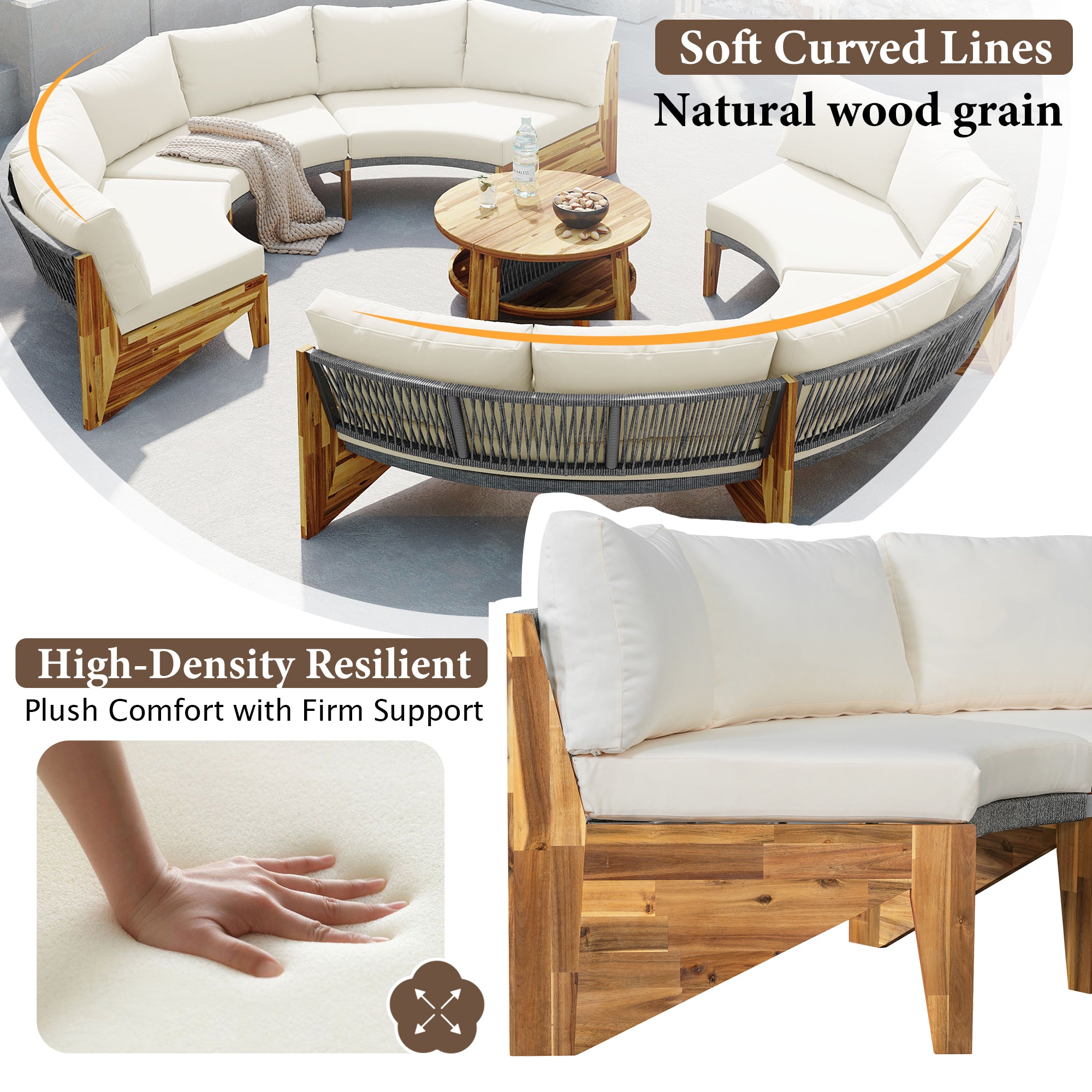 3-Piece Outdoor Semi-Circle Sofa Set for 6