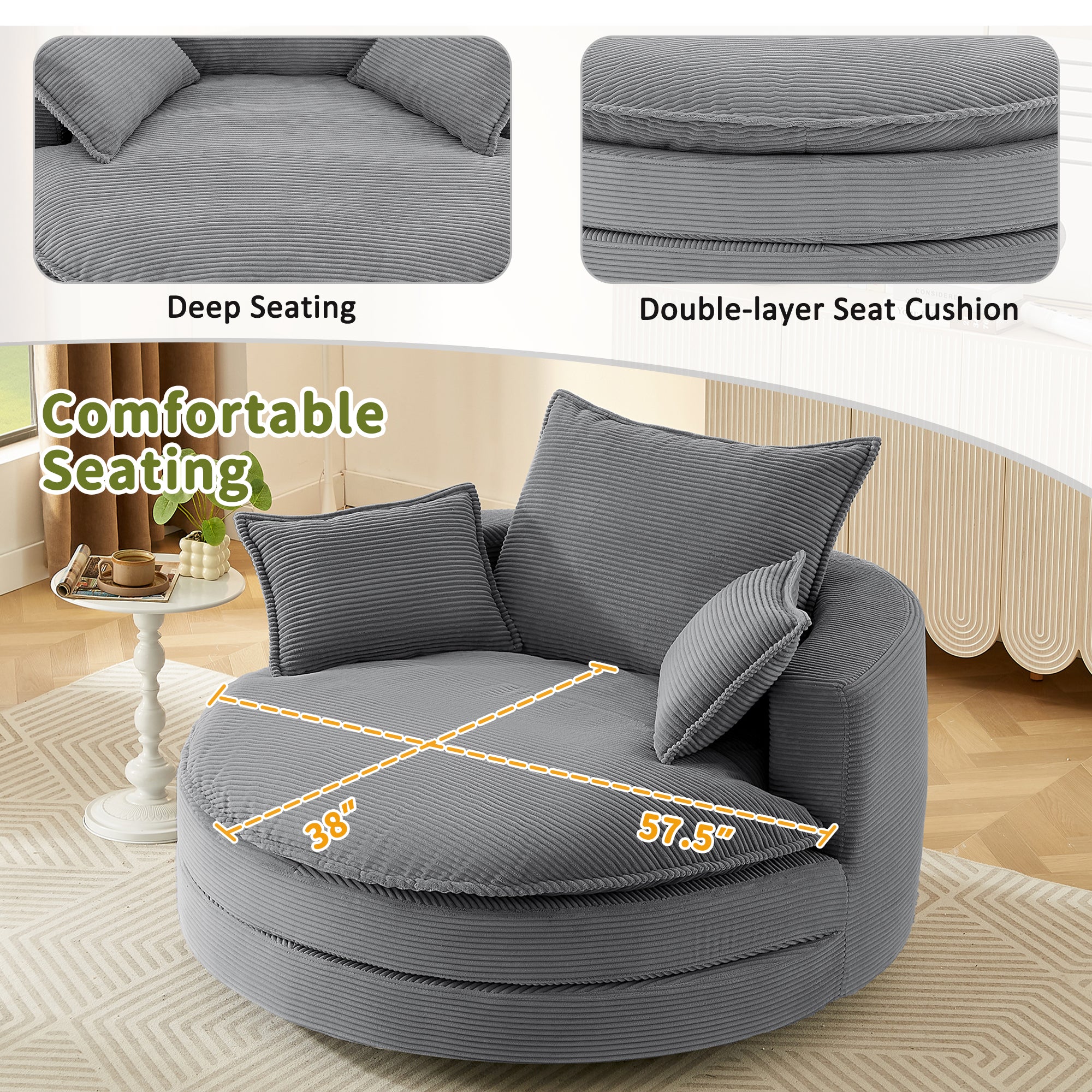Corduroy 360° Swivel Accent Barrel Chair with 3 Removable Pillows
