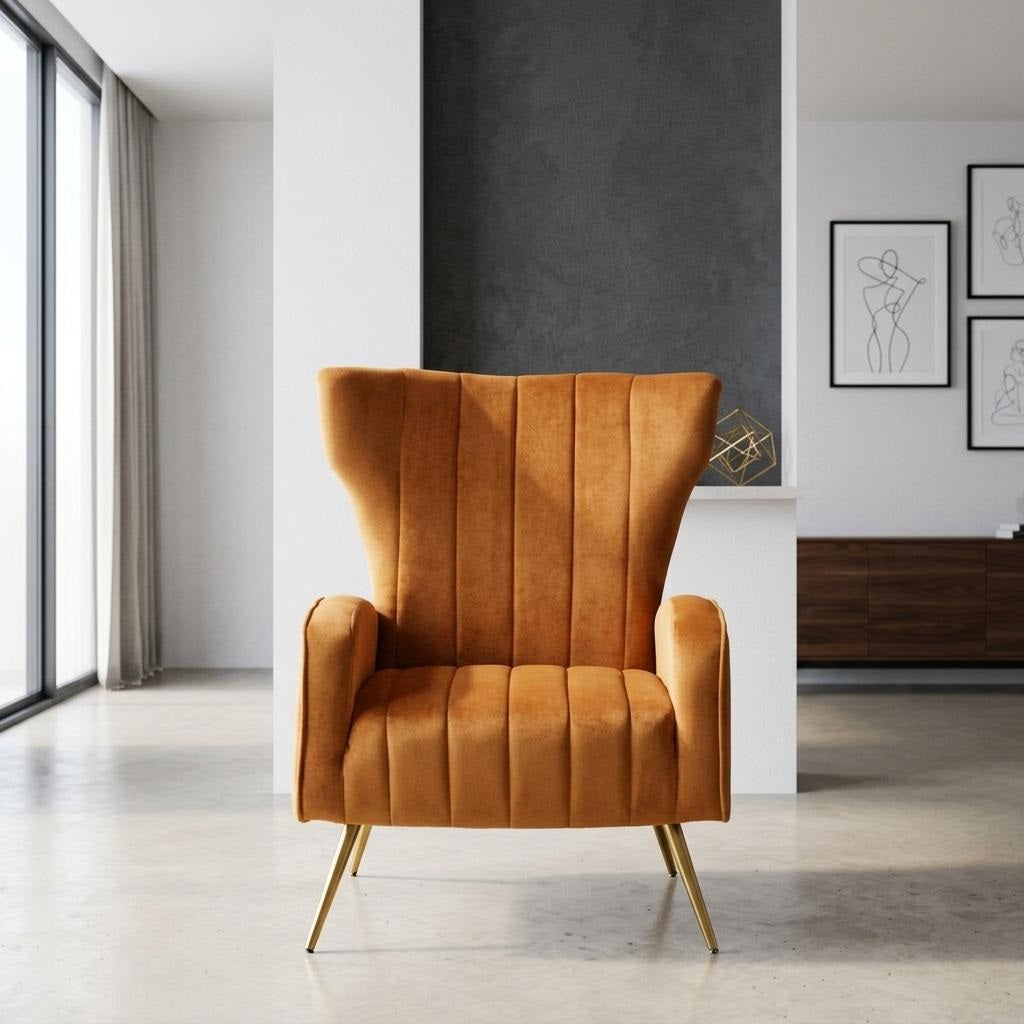 Velvet Accent Chair with Metal Legs, Modern Upholstered Armchair, Wingback Side Chair for Living Room Bedroom Small Spaces