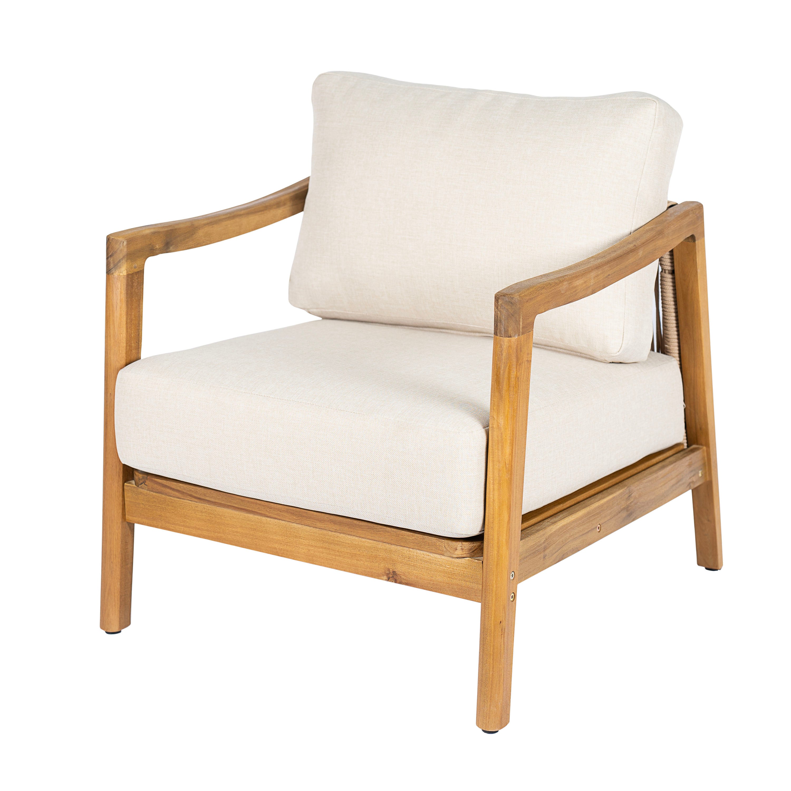 Outdoor Club Chair, Acacia Wood Frame with Rope Back Detail, Water-Repellent Beige Cushions
