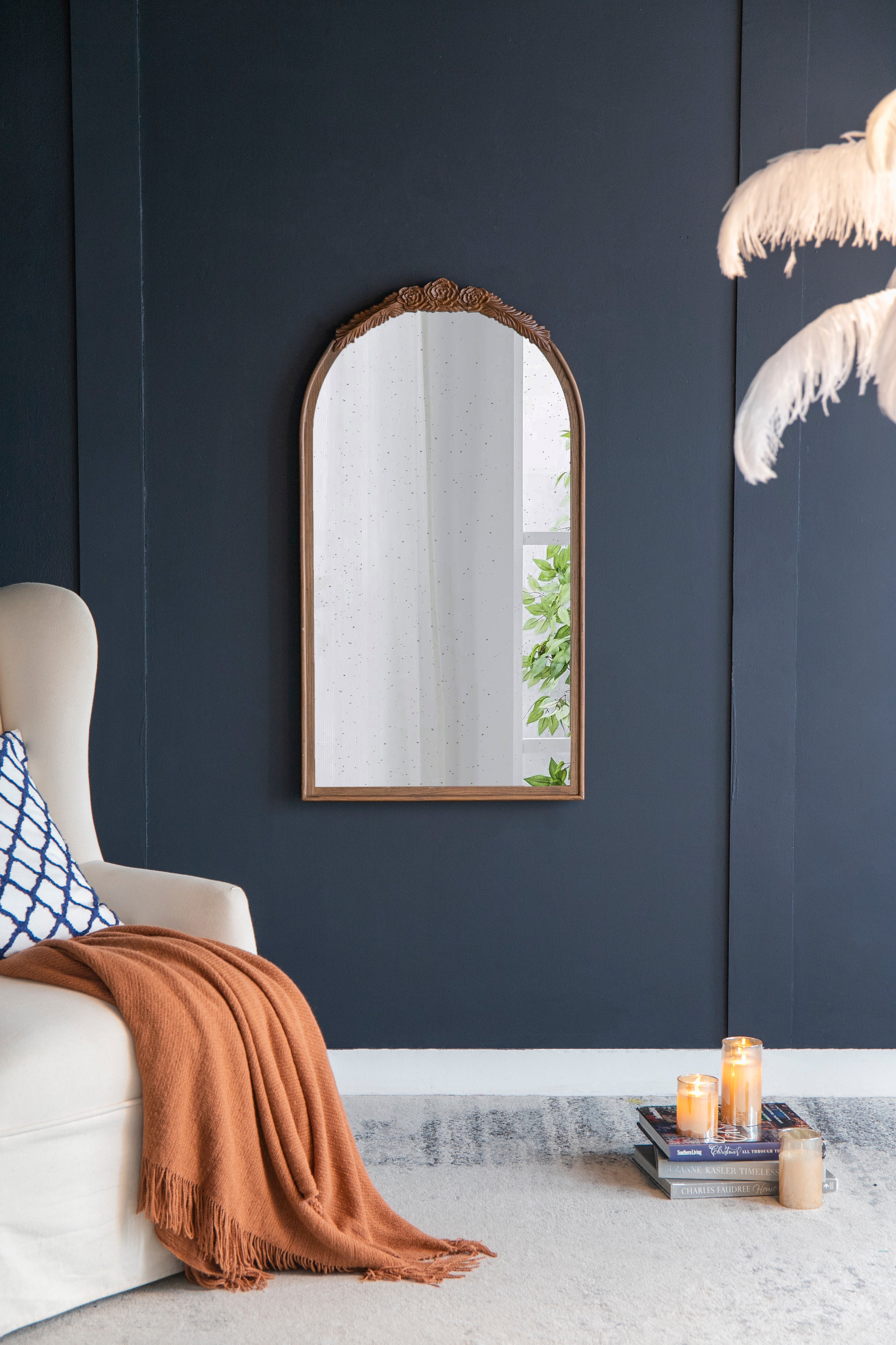 Arched Wall Mirror with Hand Carved Rose