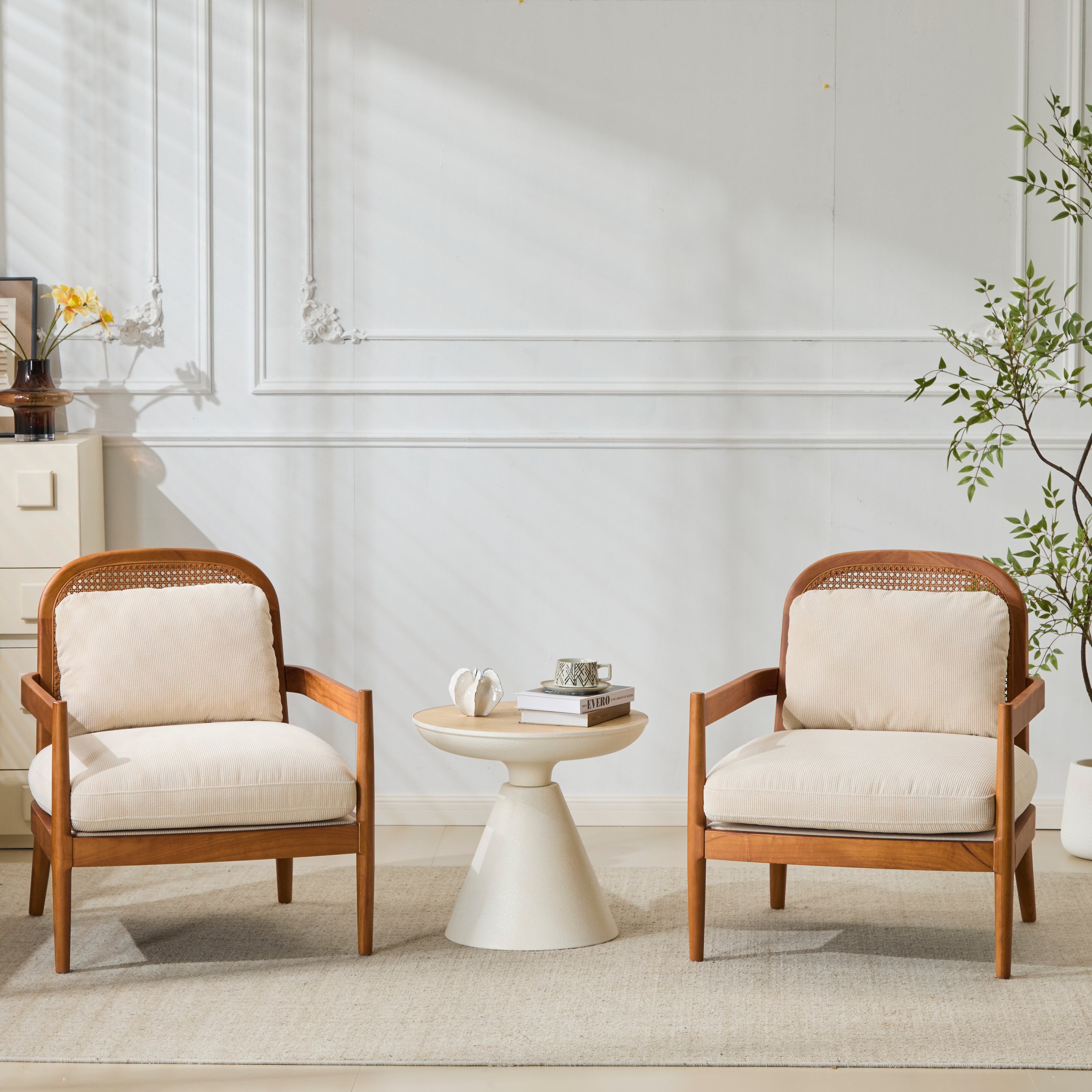 Elliston Solid Wood and Rattan Accent Chair with Cushions, Set of 2
